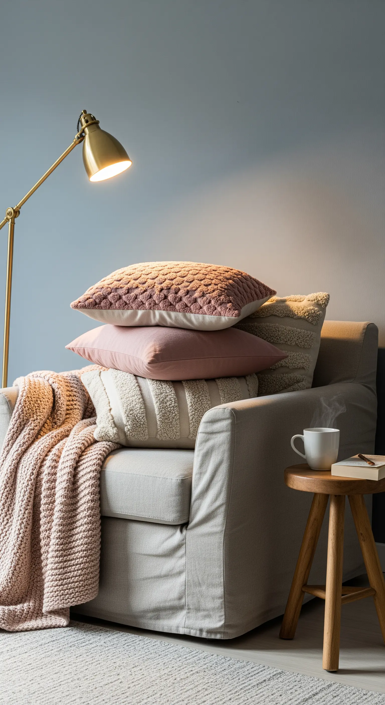 Gemütliche Leseecke mit Sessel, Kissen in Rosétönen und einer Stehlampe aus Messing.