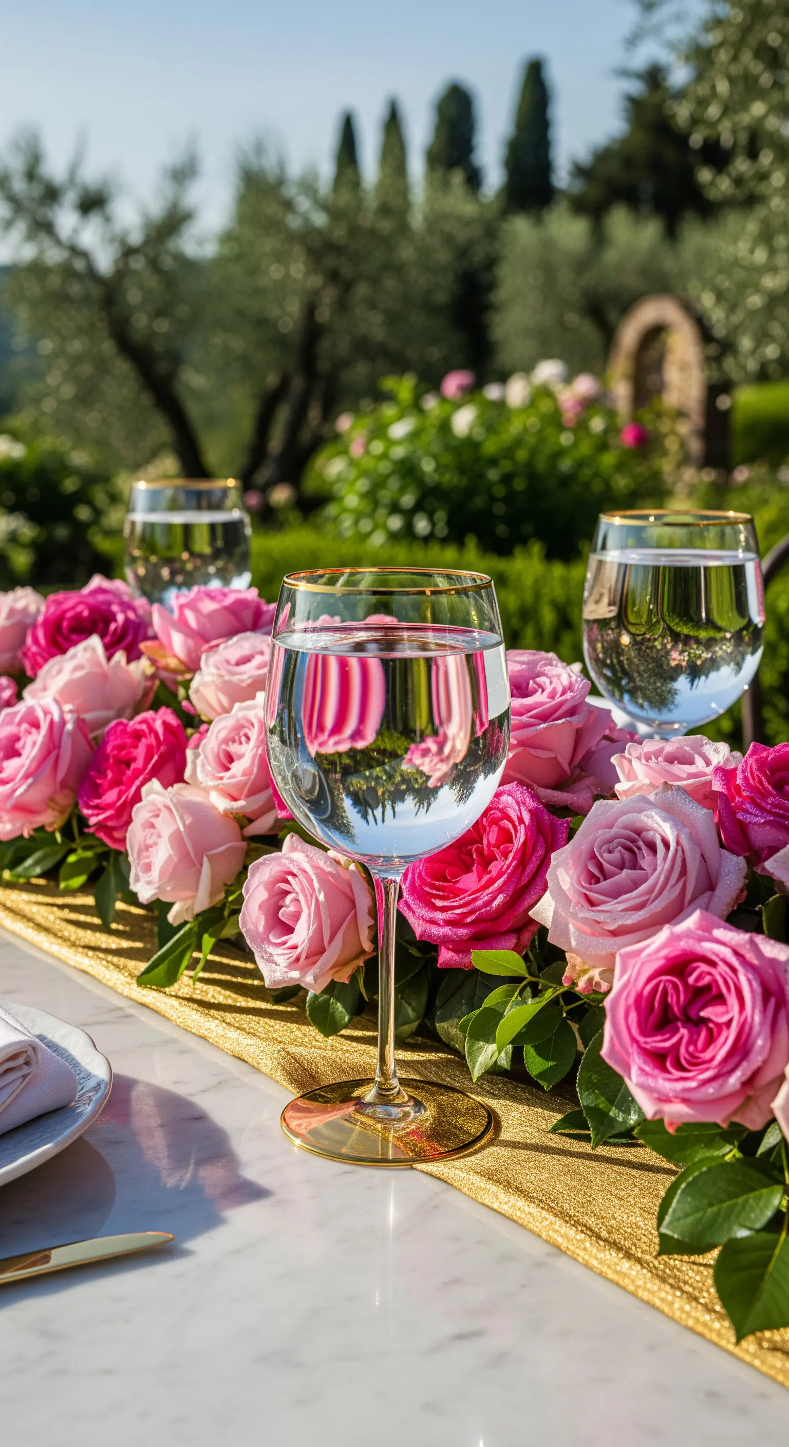 Close-up: Rosa Rosen, goldener Tischläufer und Gläser mit Goldrand auf Marmor.