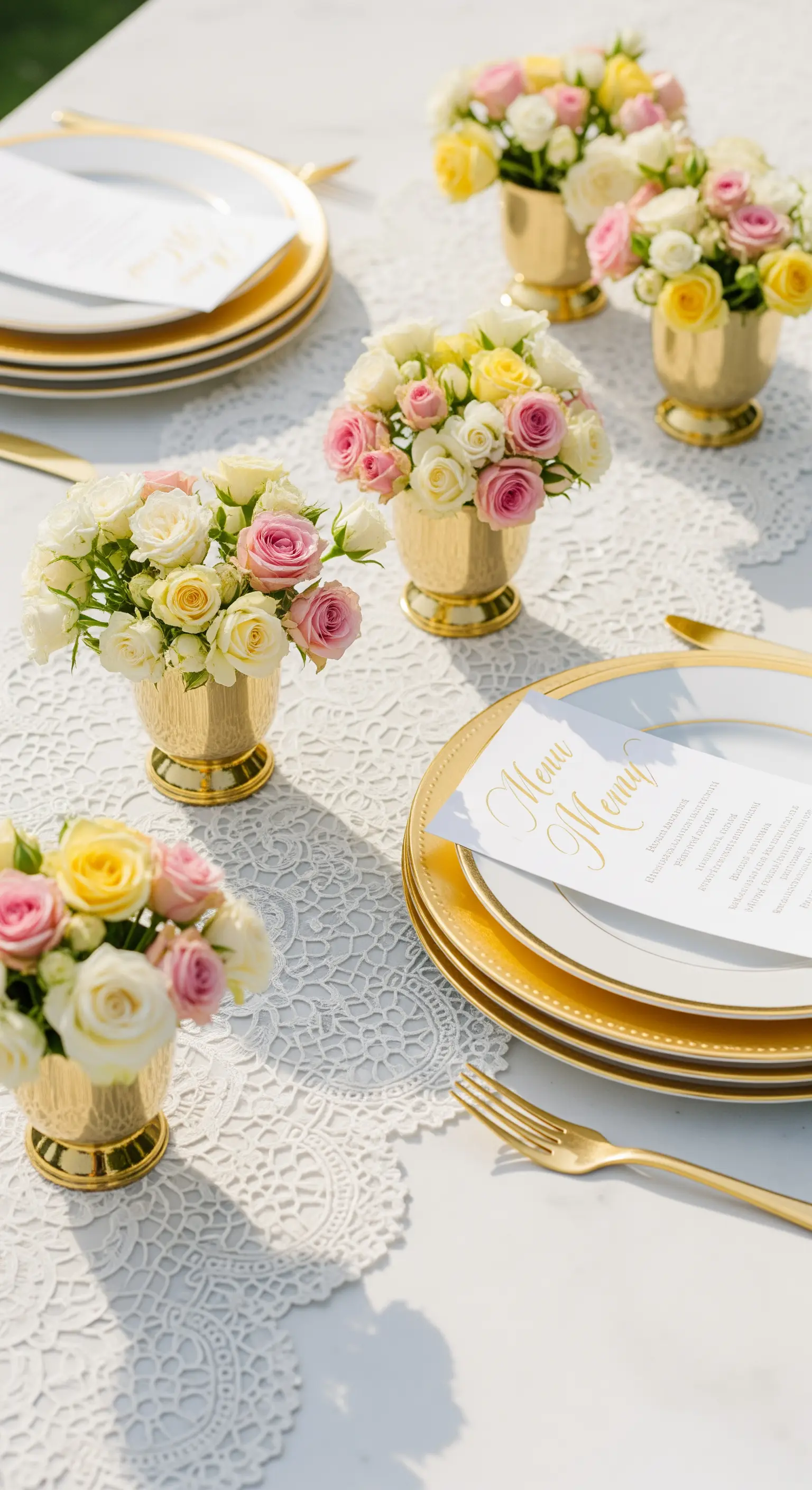 Tischdeko mit kleinen rosa, gelben Rosen in Goldvasen auf weißem Spitzendeckchen.