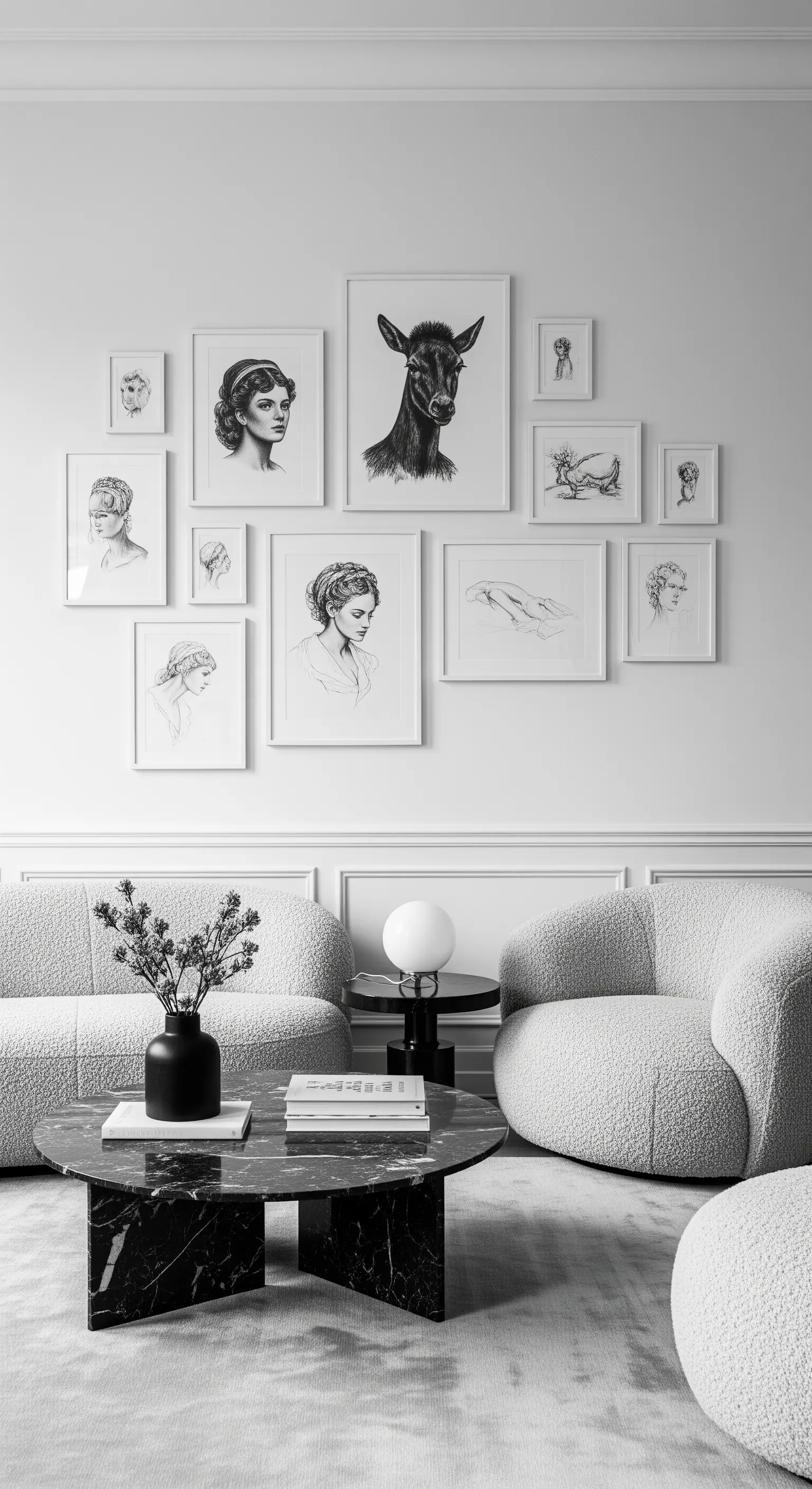 Eine sparsam gehängte Sammlung von Bleistiftzeichnungen in dünnen weißen Rahmen an einer weißen Wand.