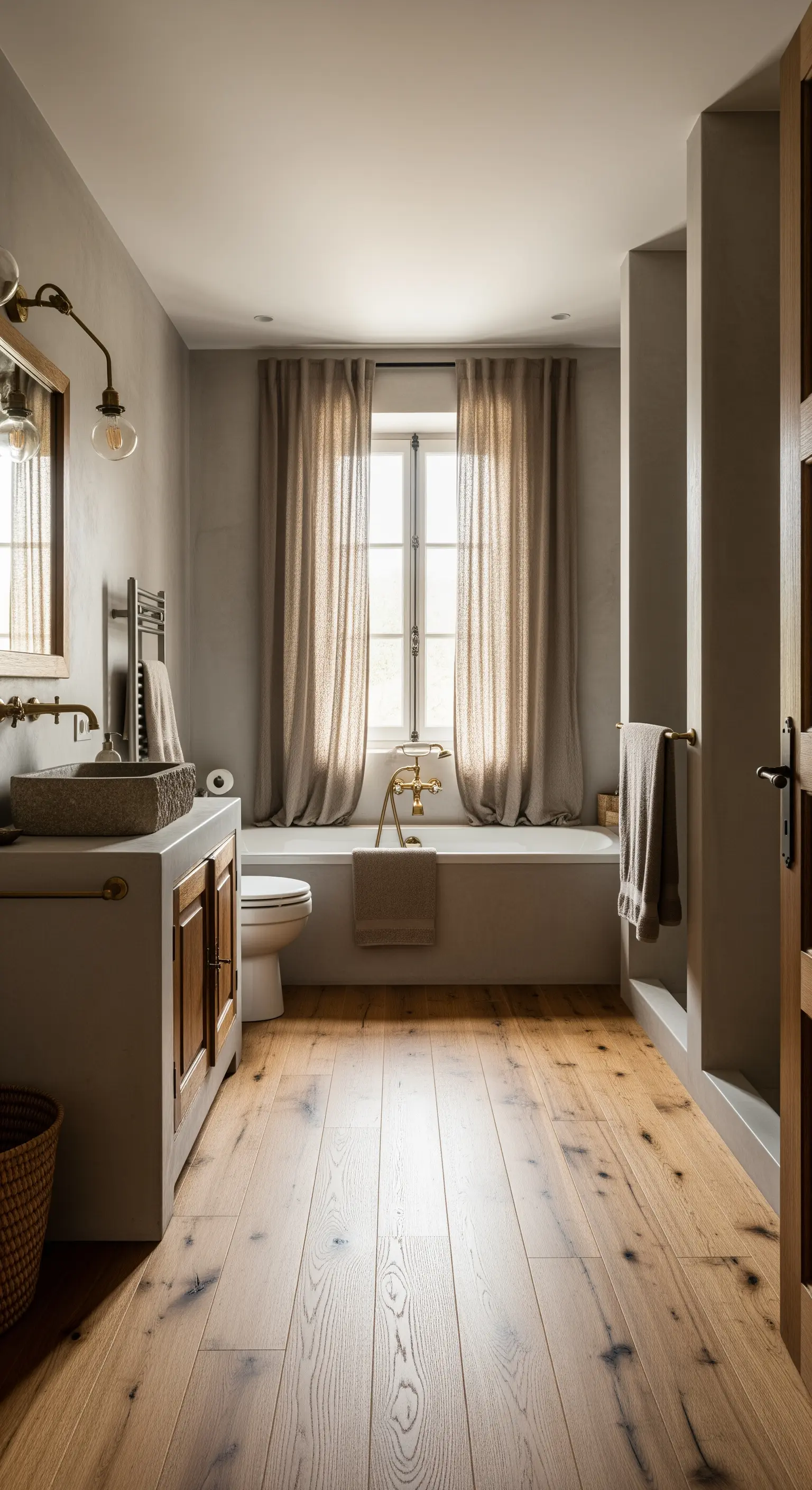 Rustikales Badezimmer mit Betonwaschtisch, Steinschale und langen Leinenvorhängen am Fenster