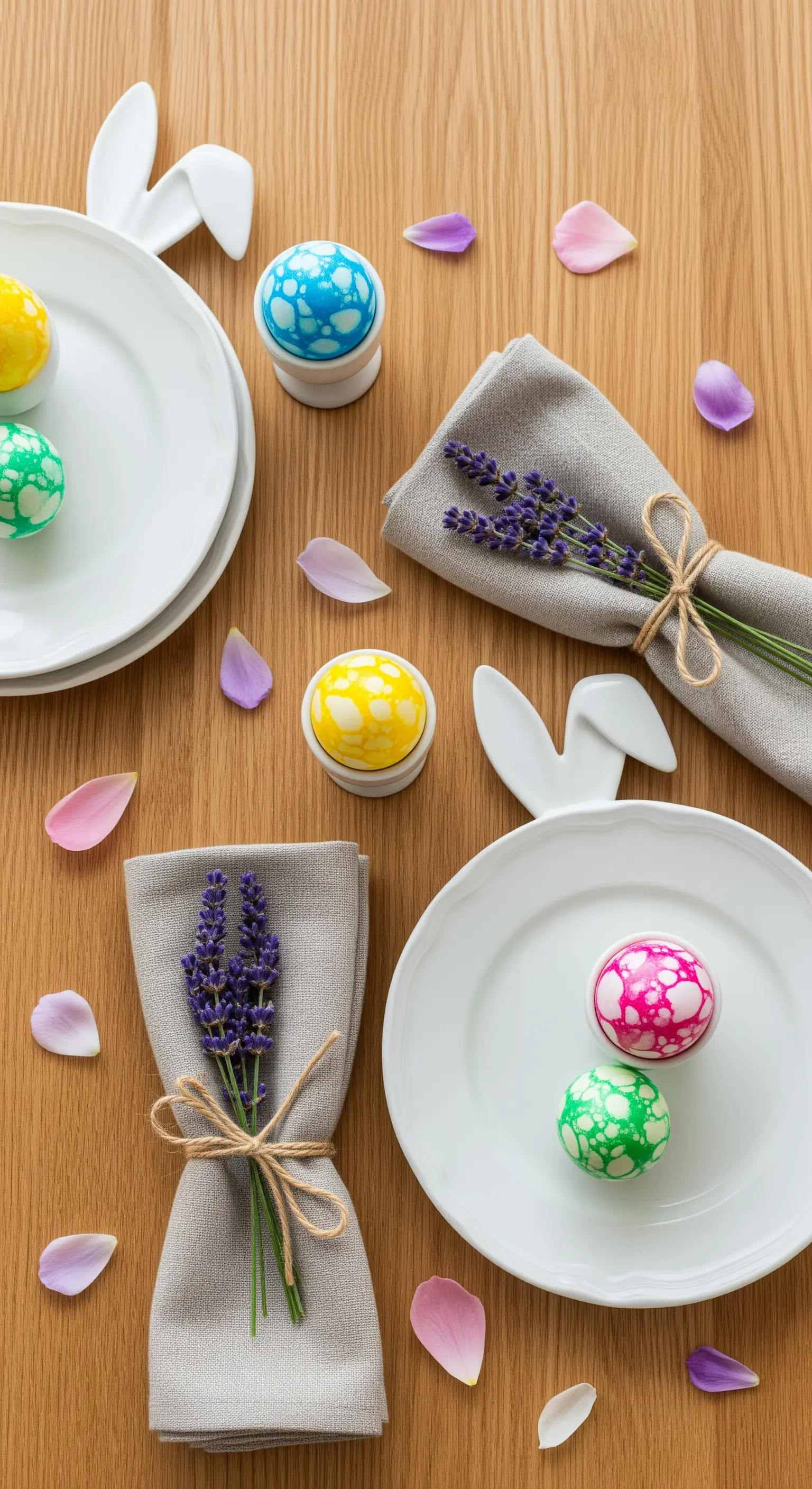 Oster-Tischgedeck mit Lavendel, bunten Eiern und Hasenohren
