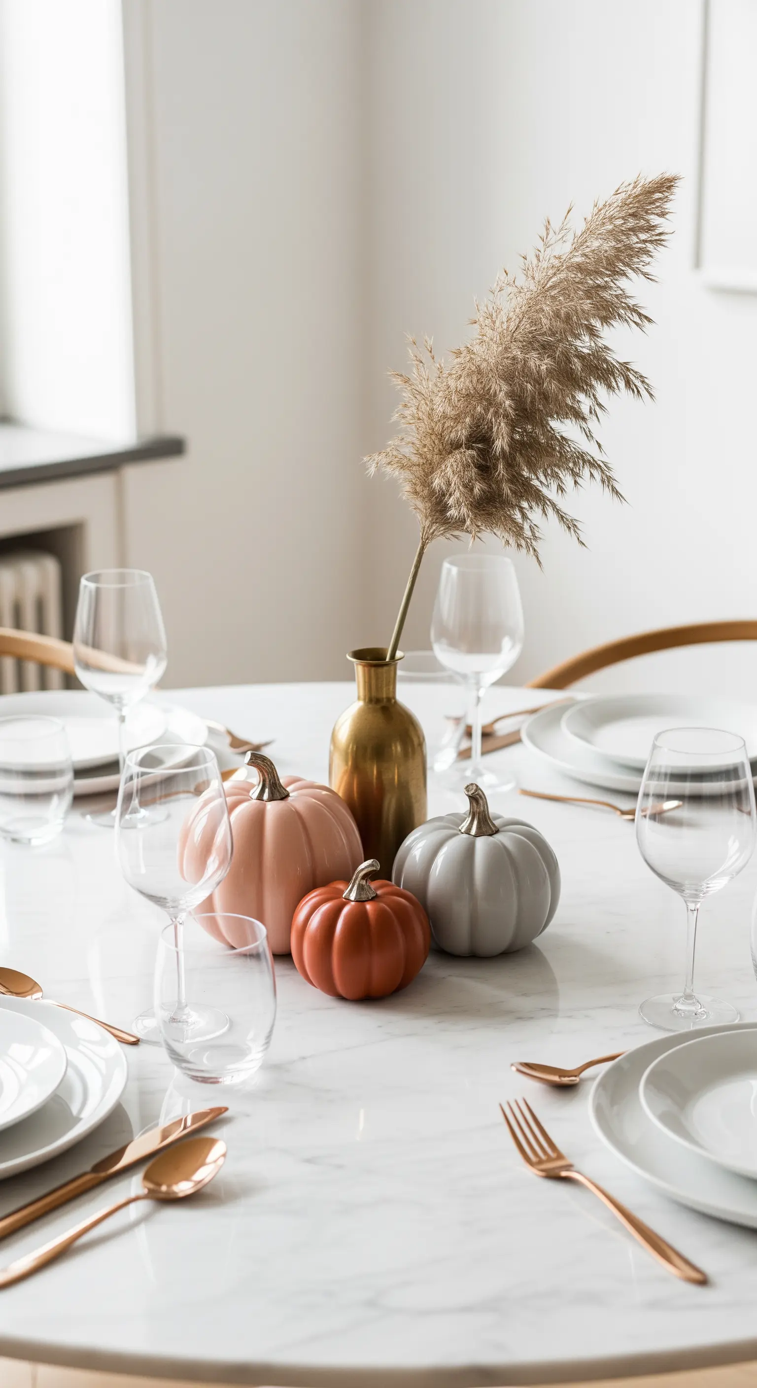 Moderne Tischdeko mit pastellfarbenen Kürbissen, Pampasgras und Kupfer-Besteck.