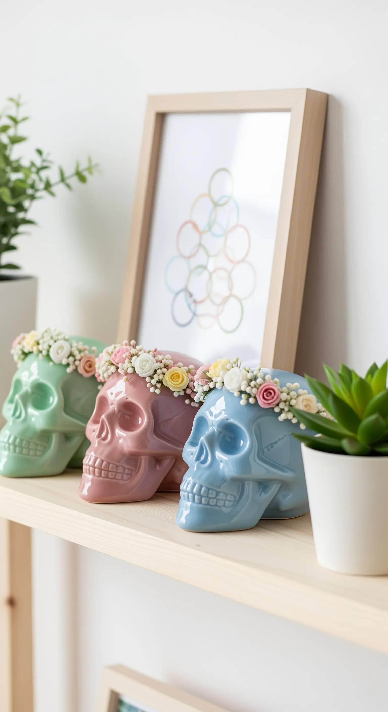 Drei Totenköpfe aus Keramik in Pastellfarben, die jeweils eine kleine Blumenkrone auf dem Kopf tragen.