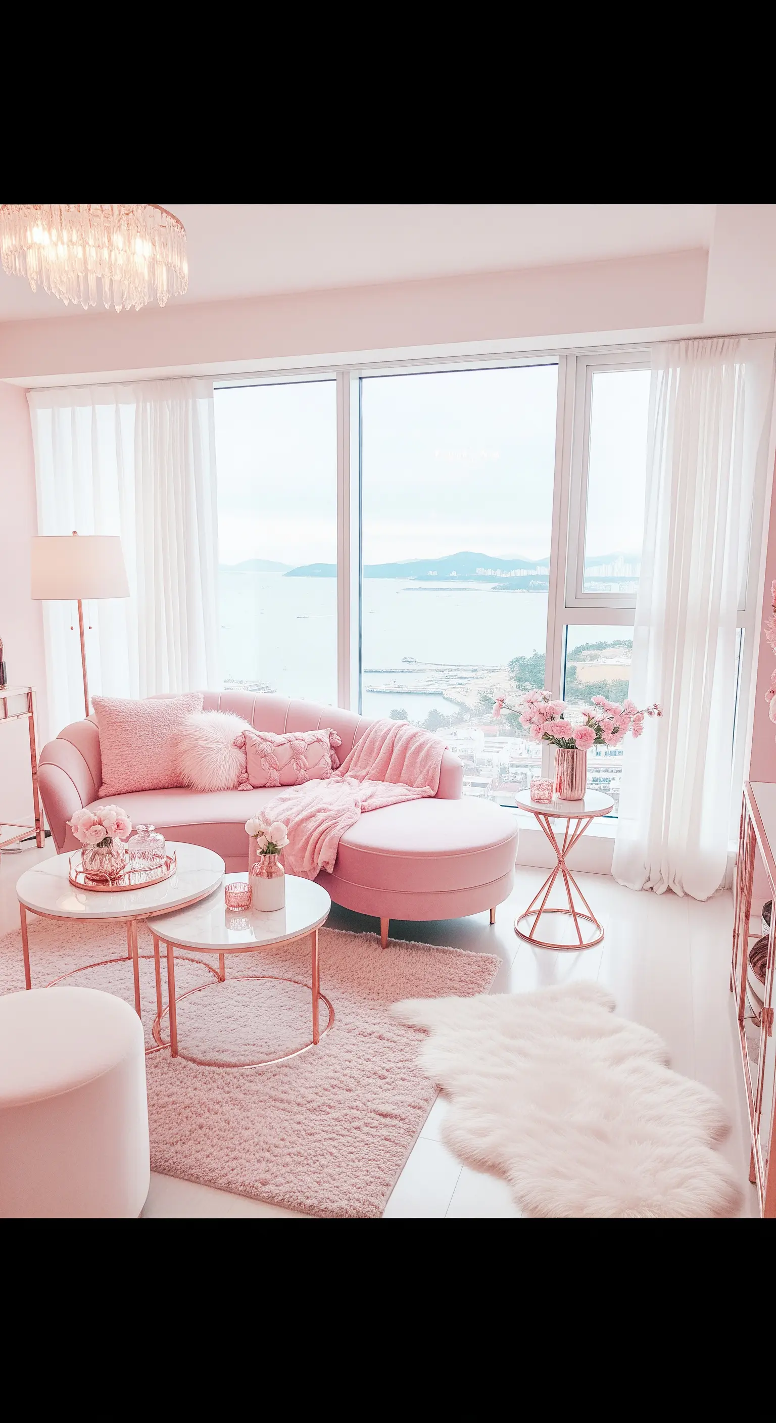 Feminines Wohnzimmer in verschiedenen Rosatönen mit goldenen Akzenten