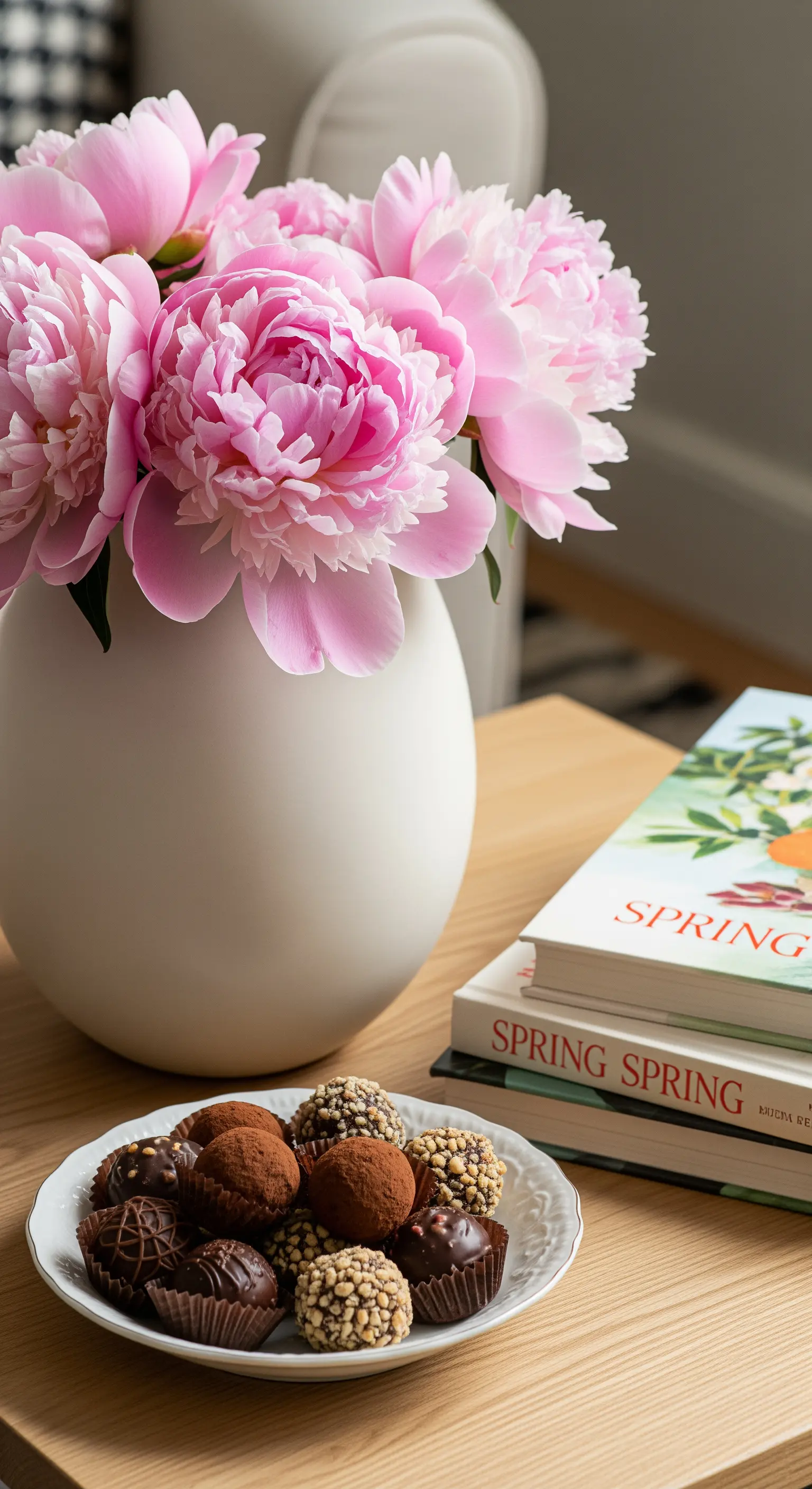 Beistelltisch mit rosafarbenen Pfingstrosen und Pralinen