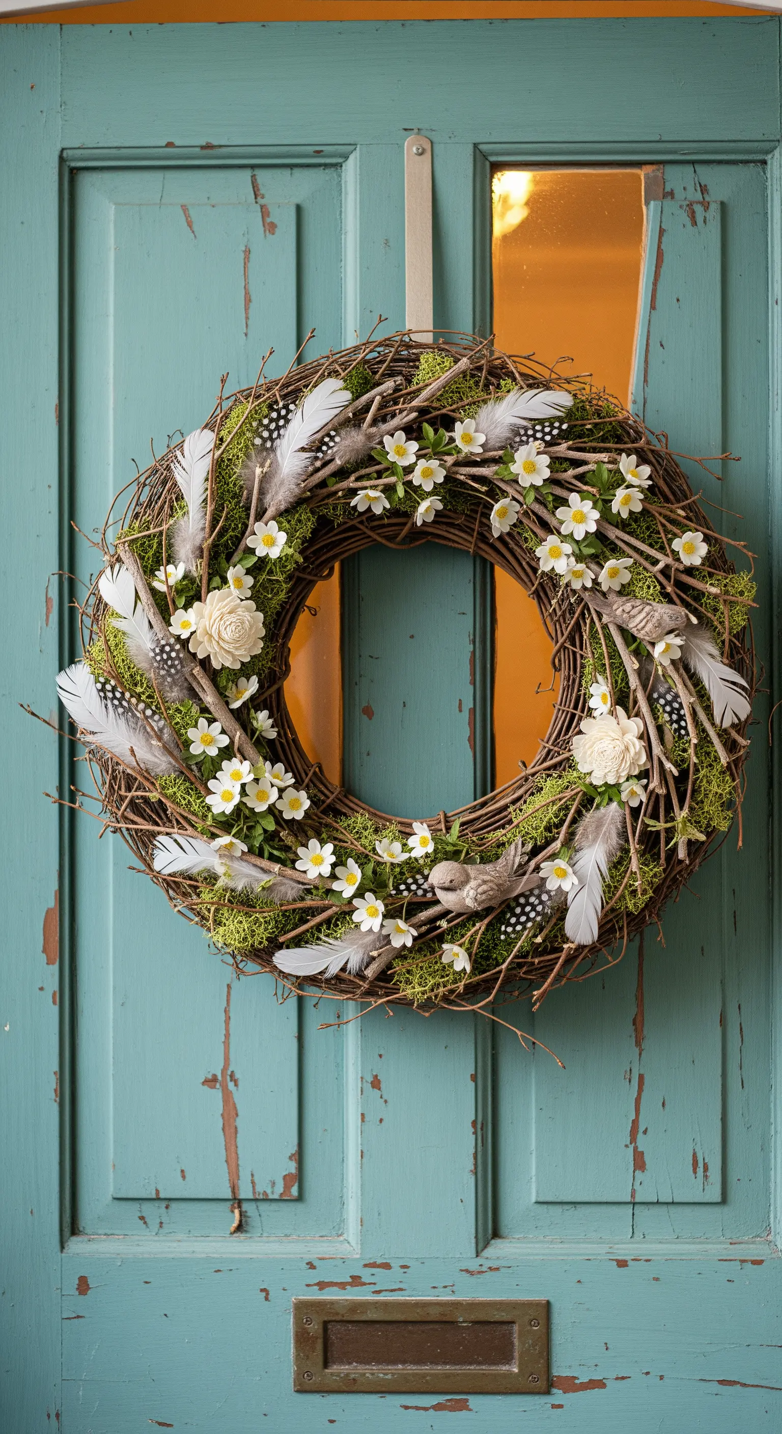 Kranz mit Zweigen, Moos, weißen Blüten und Federn auf Vintage-Türkistür