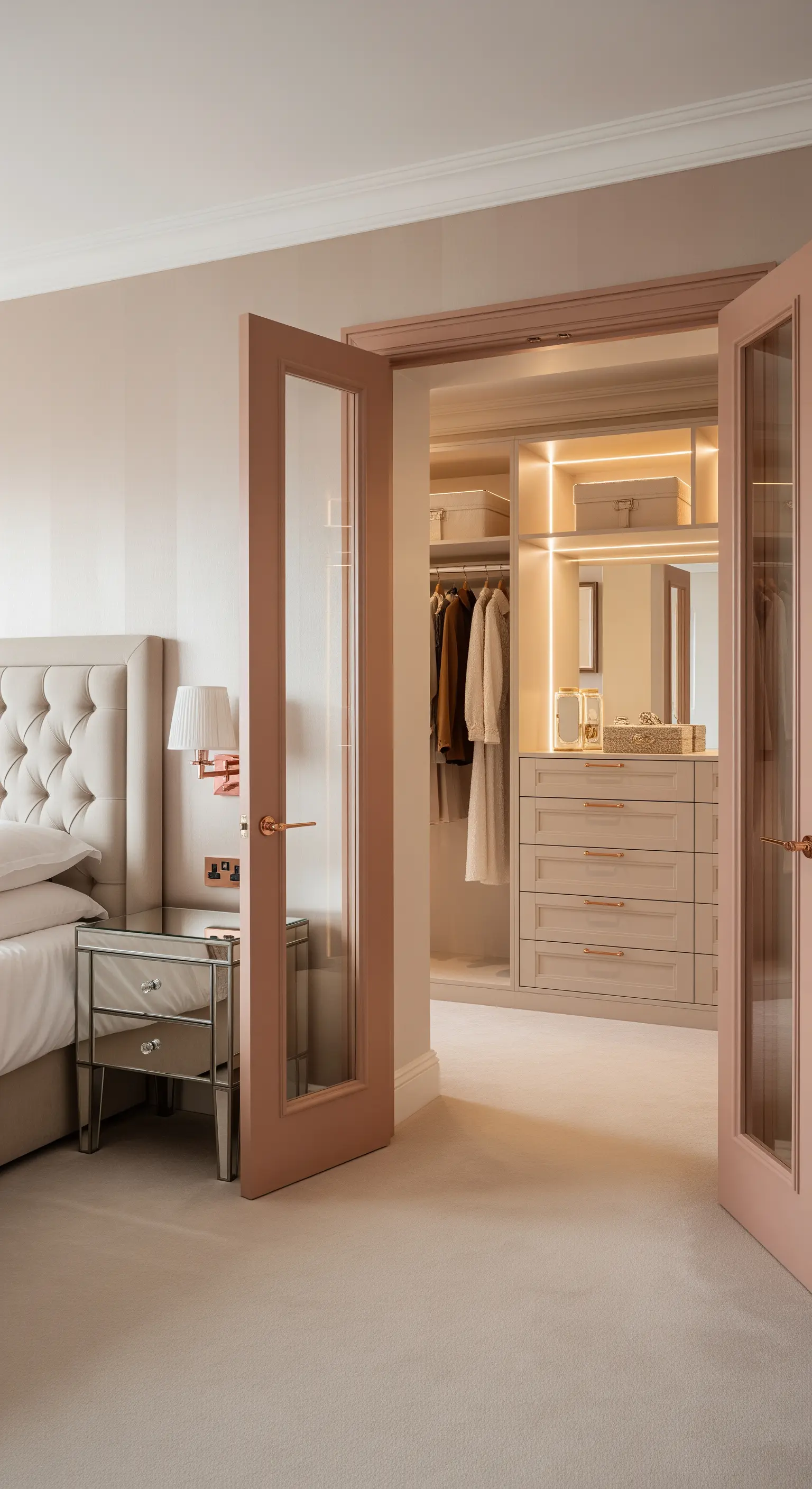 Elegantes Schlafzimmer in Rosé- und Cremetönen mit Glastüren zum begehbaren Kleiderschrank