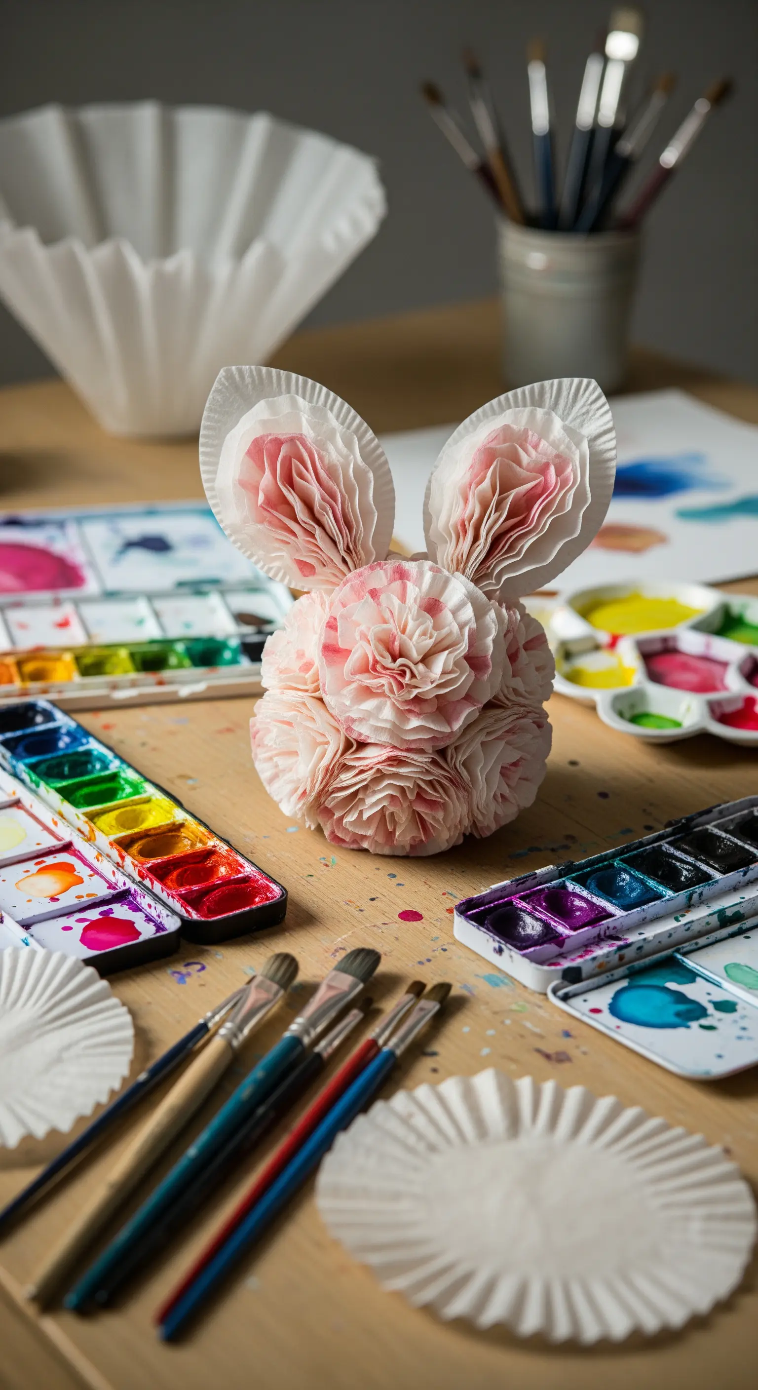 Hase aus Kaffeefiltern mit Aquarellfarben auf einem Basteltisch