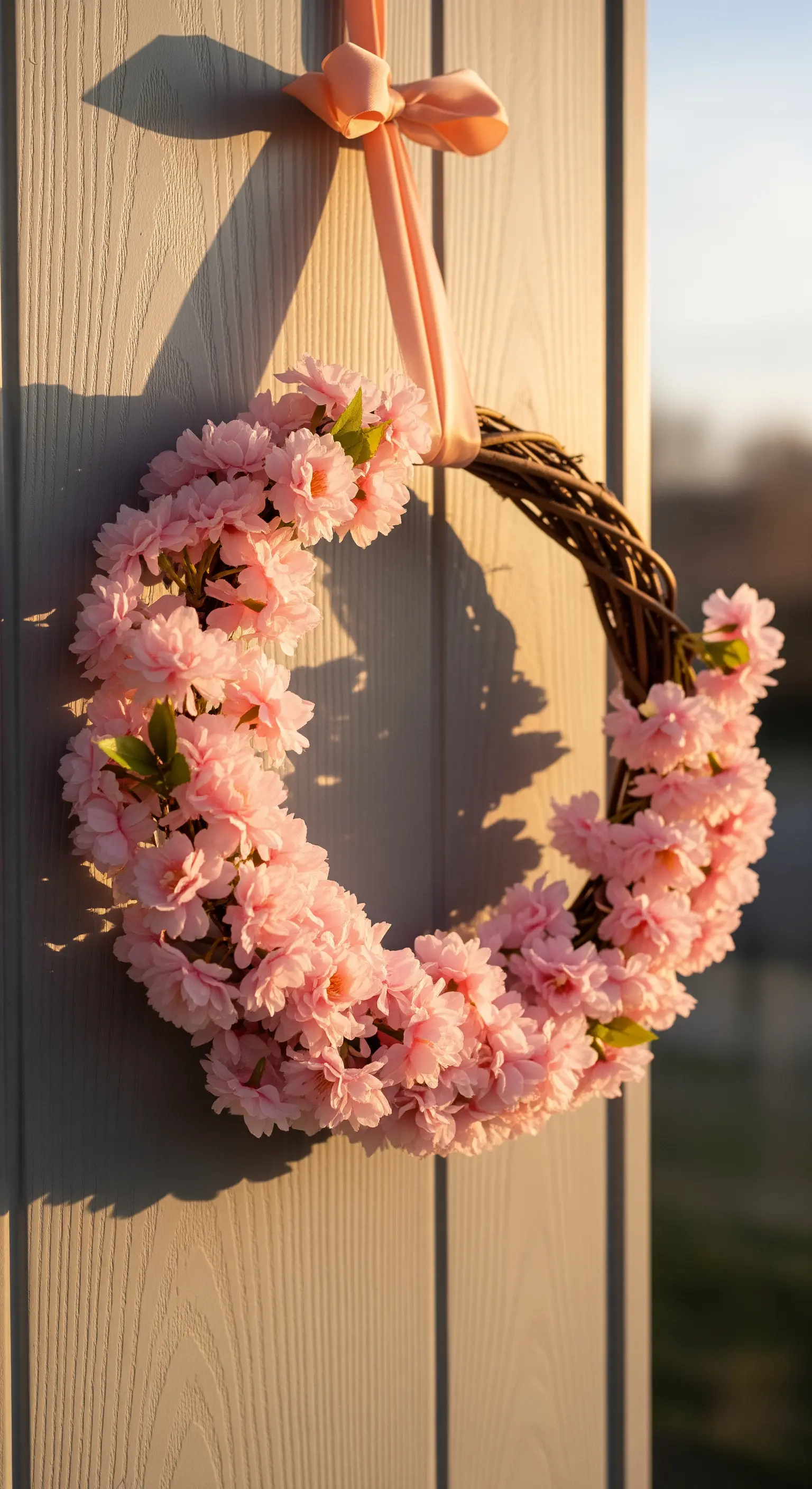 Feiner Kranz aus rosa Kirschblüten auf einem Weidenkranz, aufgehängt mit einem rosa Band.
