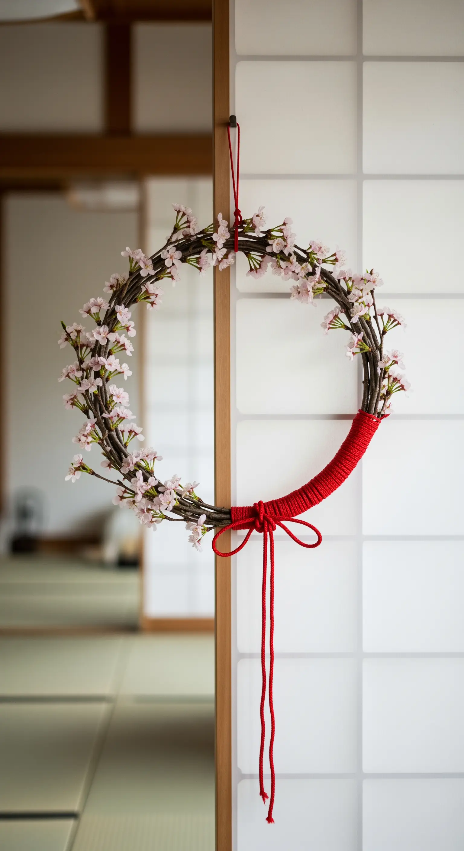 Kirschblütenkranz mit rotem Band an Schiebetür