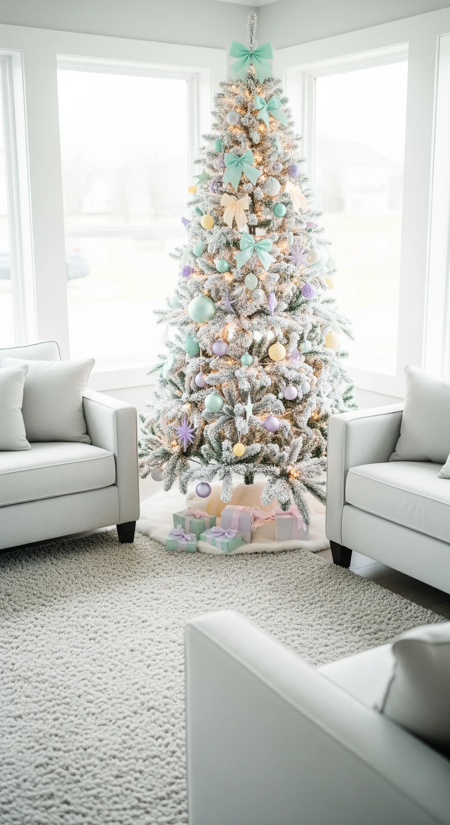 Pastell Weihnachtsdeko, verschneiter Baum, mintgrüne Schleifen, helle Sessel