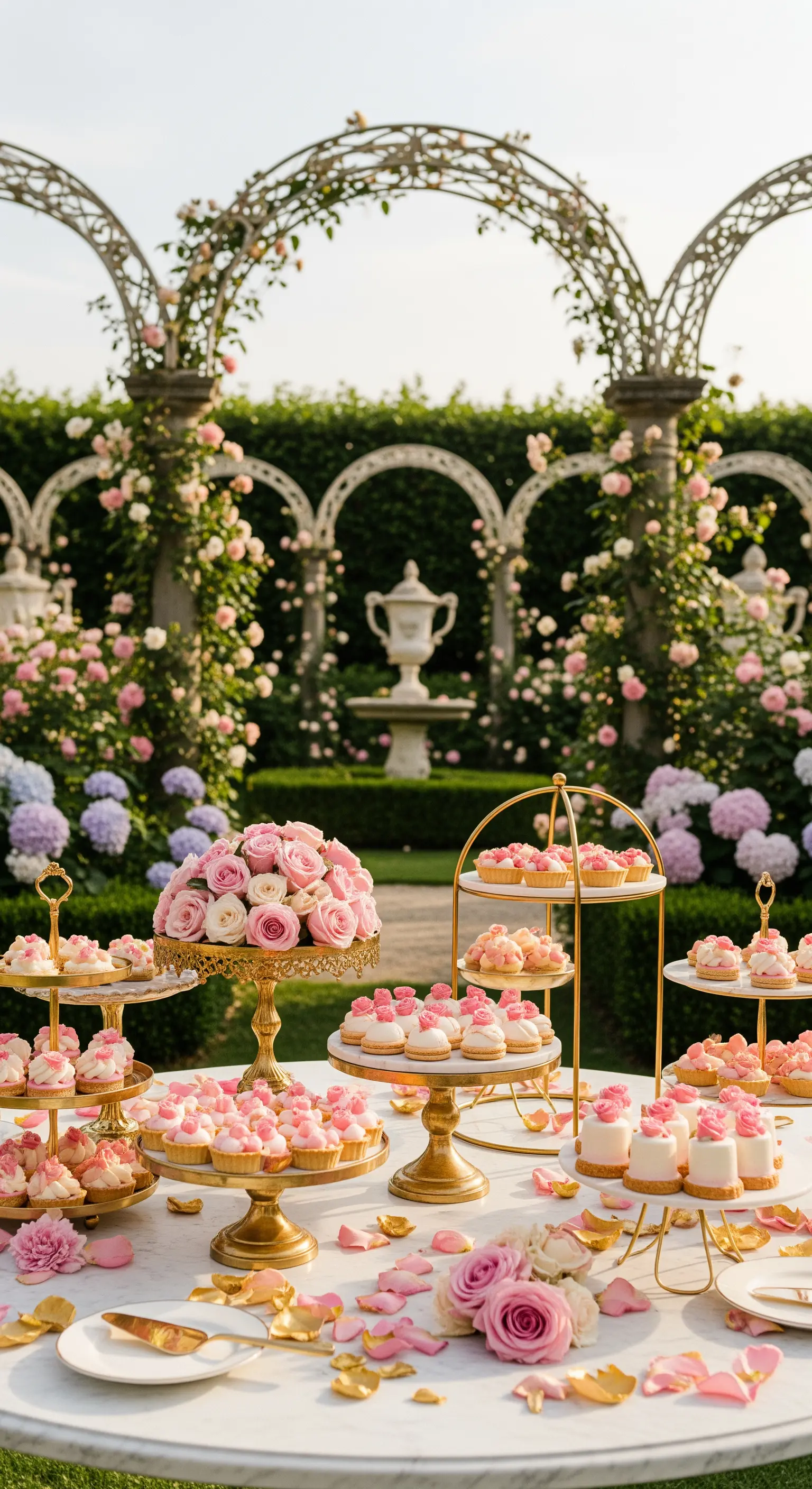 Desserttisch mit rosa Rosen, goldenen Etageren und Cupcakes im Rosengarten.