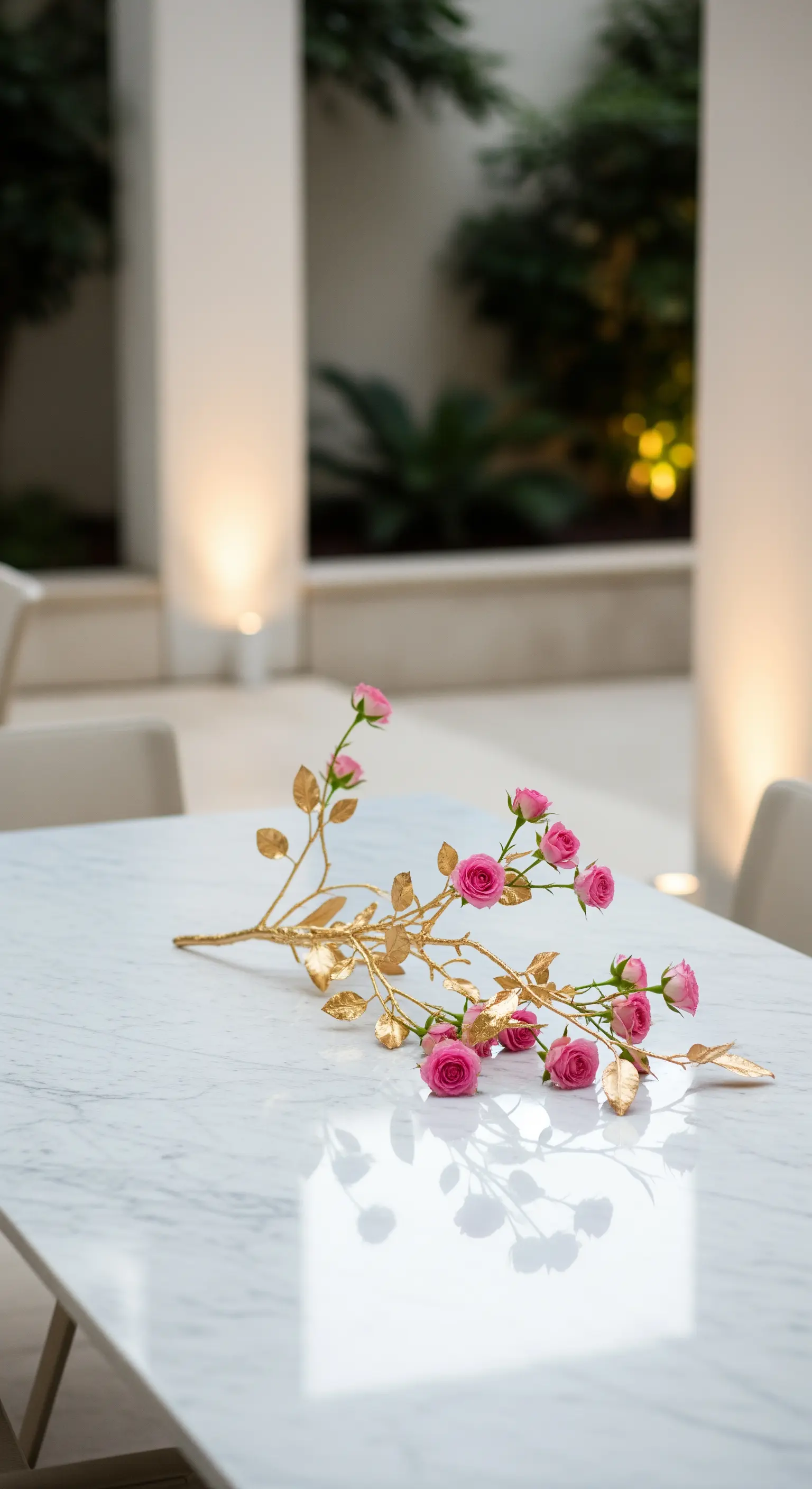 Goldener Rosenzweig mit pinkfarbenen Blüten auf hellem Marmortisch.
