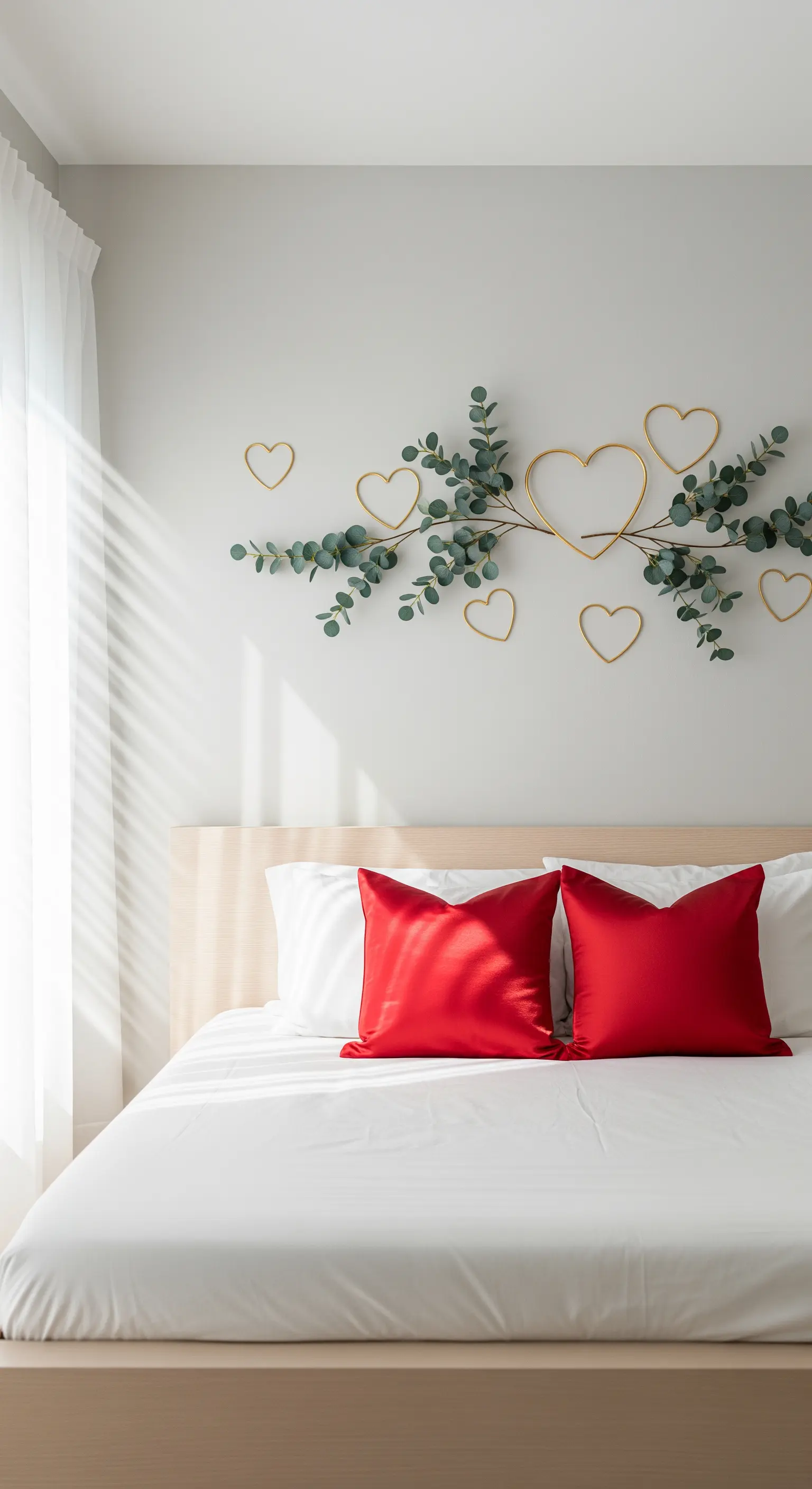 Schlafzimmer, Eukalyptus-Wanddeko, goldene Herzen, minimalistisch