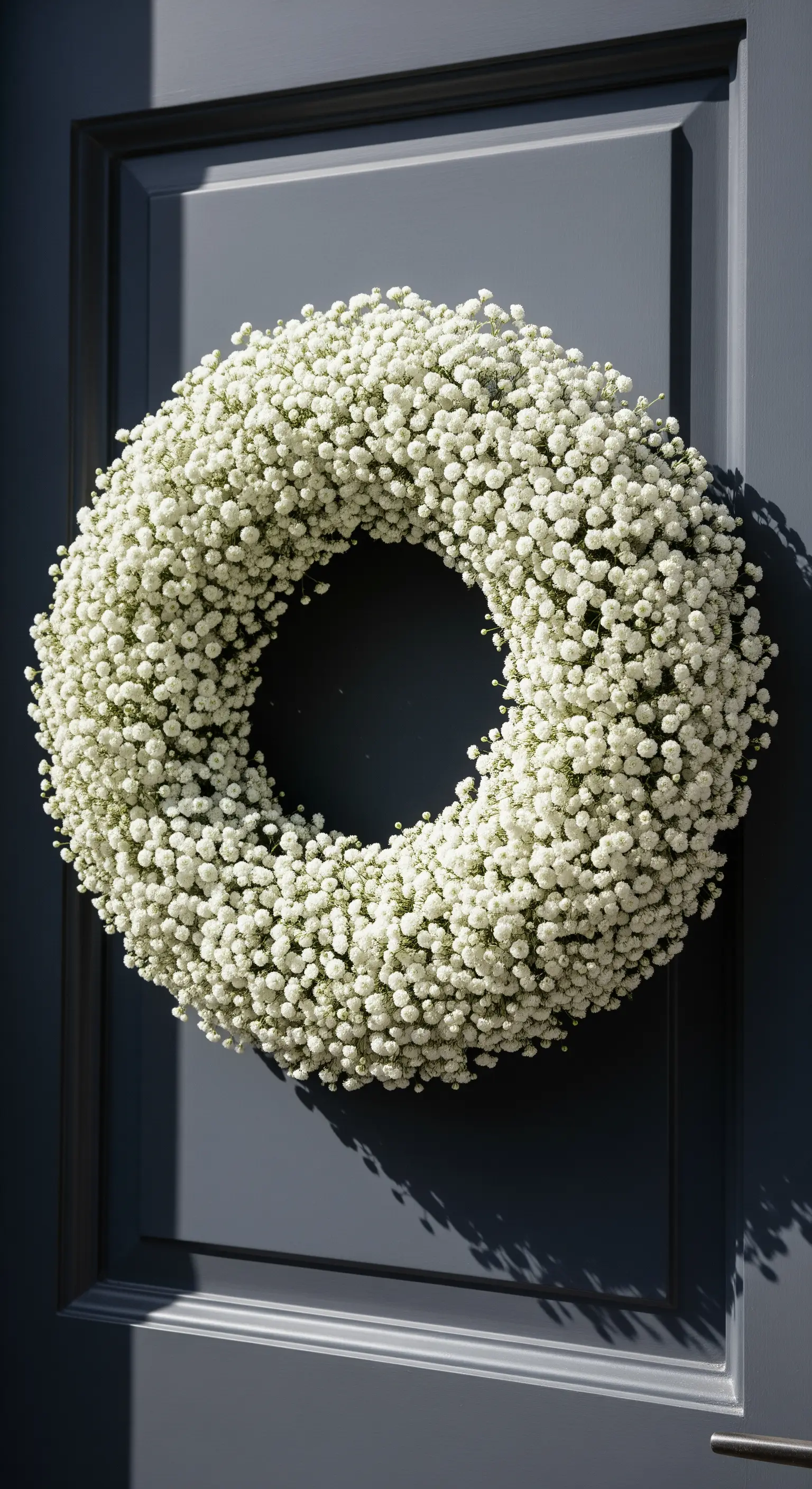Üppiger Kranz, vollständig aus zartem weißen Schleierkraut gefertigt, auf einer dunkelgrauen Tür.