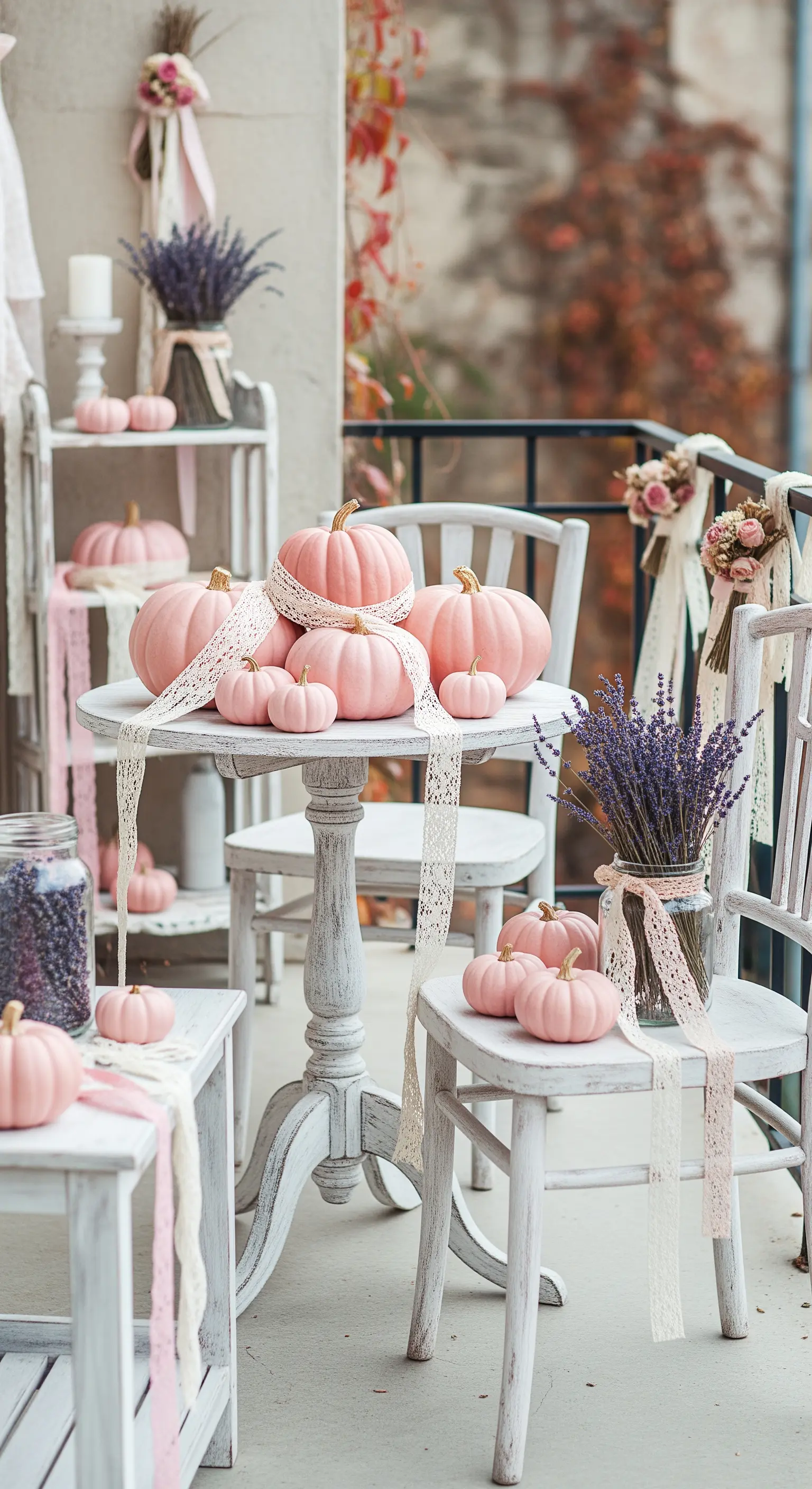Shabby Chic Balkon mit rosa Kürbissen, Lavendel, Spitzbändern, weißen Holzmöbeln