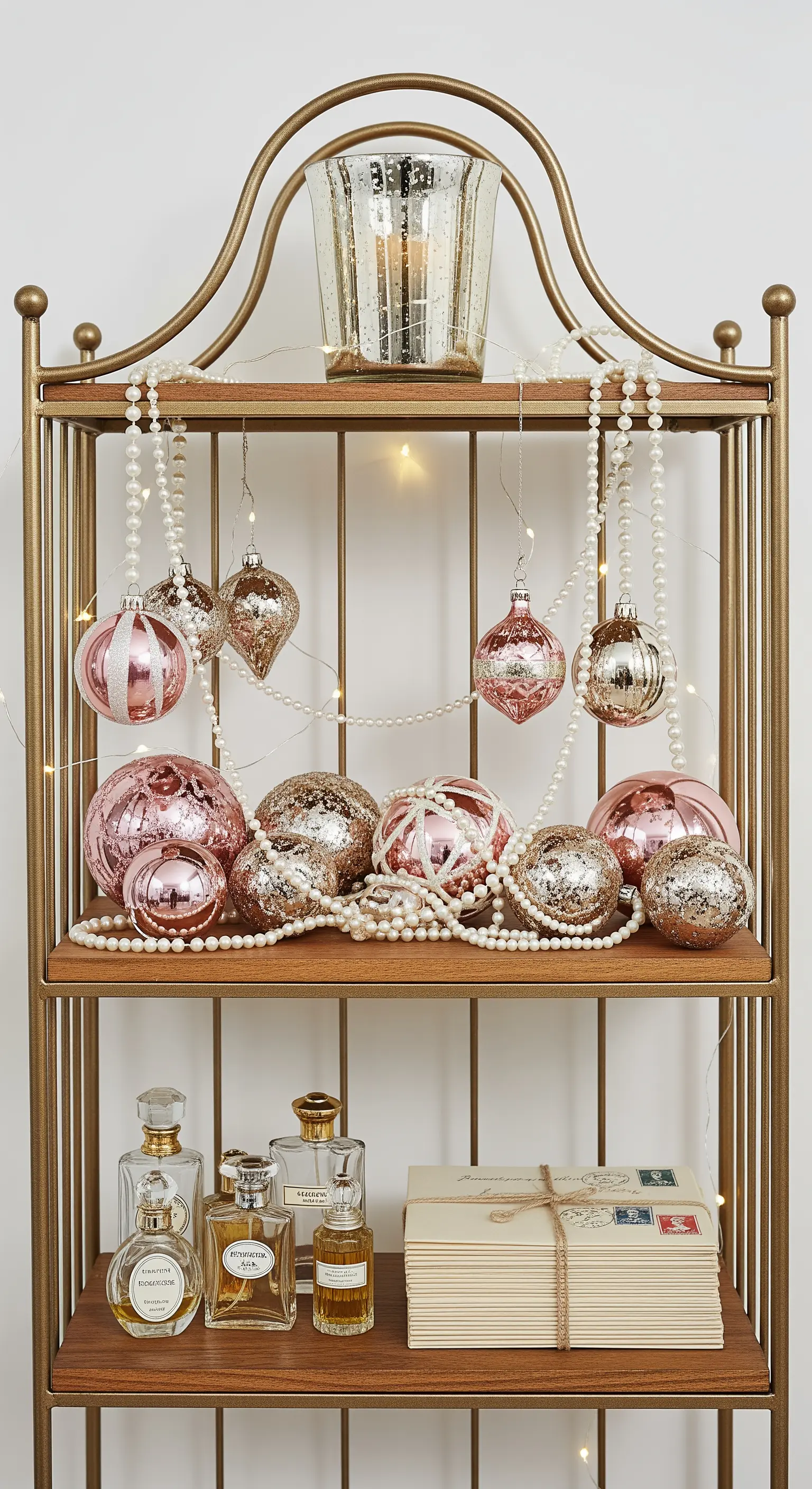 Goldene Etagere mit rosa und silbernen Kugeln, Perlenketten und Vintage-Parfums