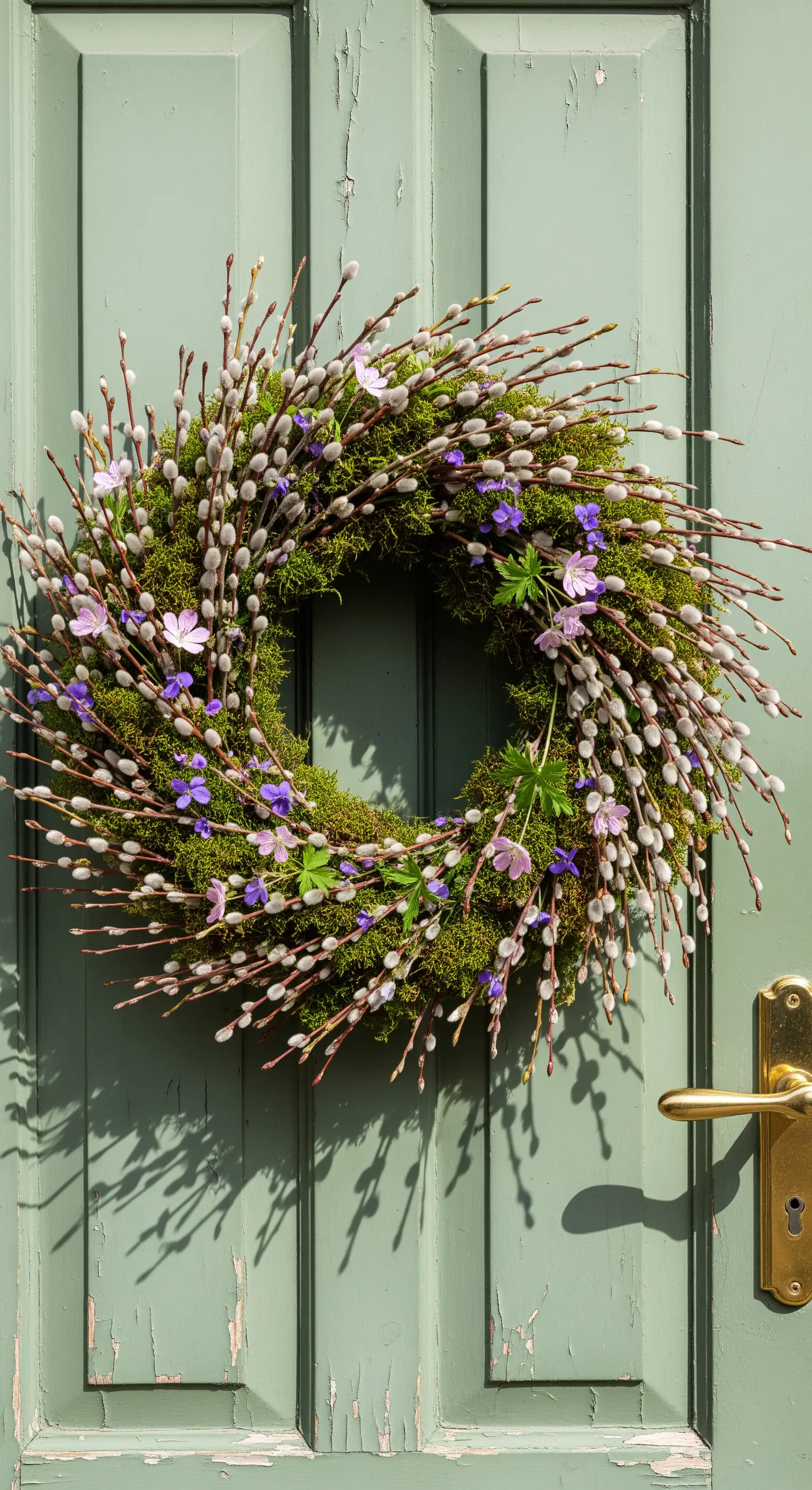 Weidenkätzchen-Mooskranz mit violetten Blüten auf verwitterter grüner Tür