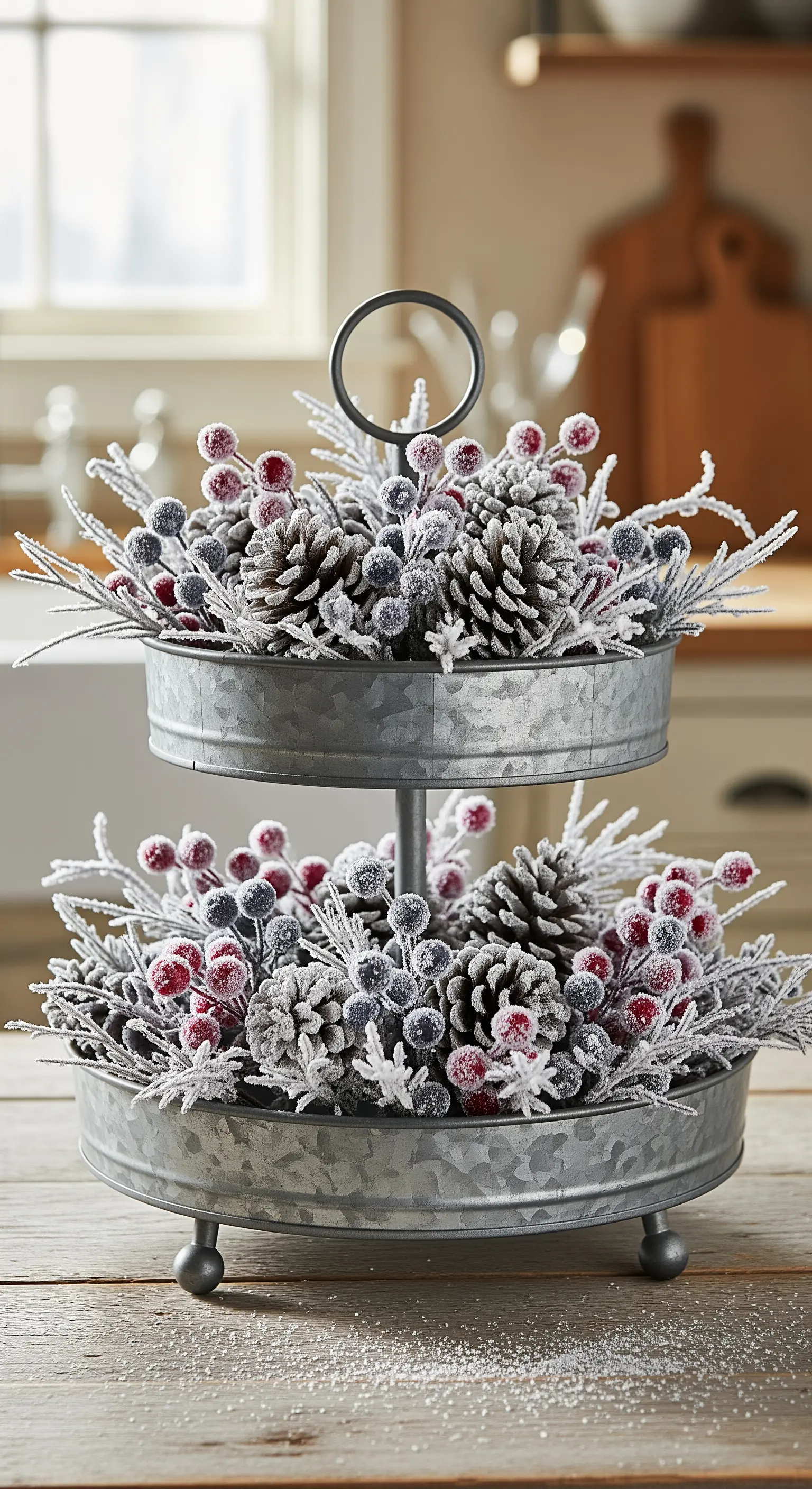 Verzinkte Etagere mit beschneiten Tannenzapfen, Zweigen und Beeren.