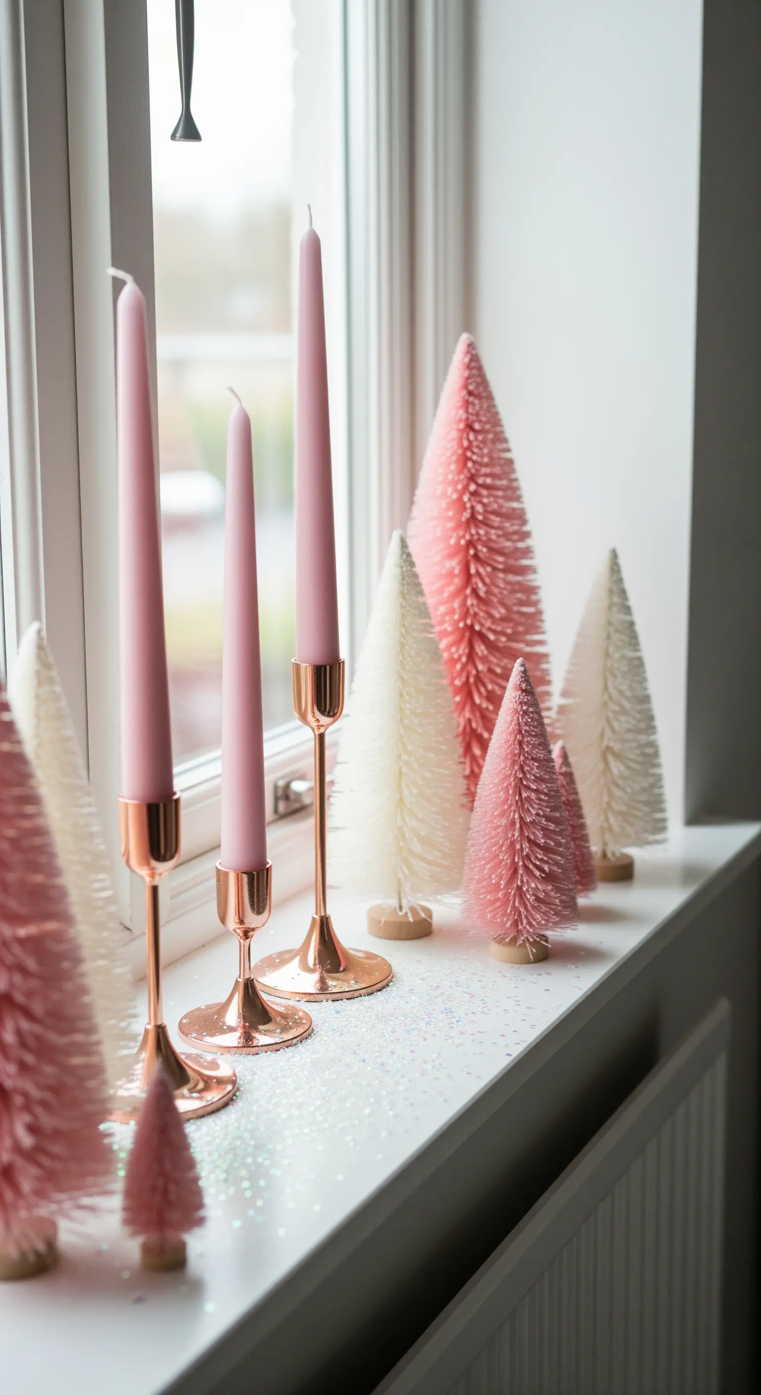 Rosa Stabkerzen in Roségold-Haltern neben rosa und weißen Bürstenbäumen.