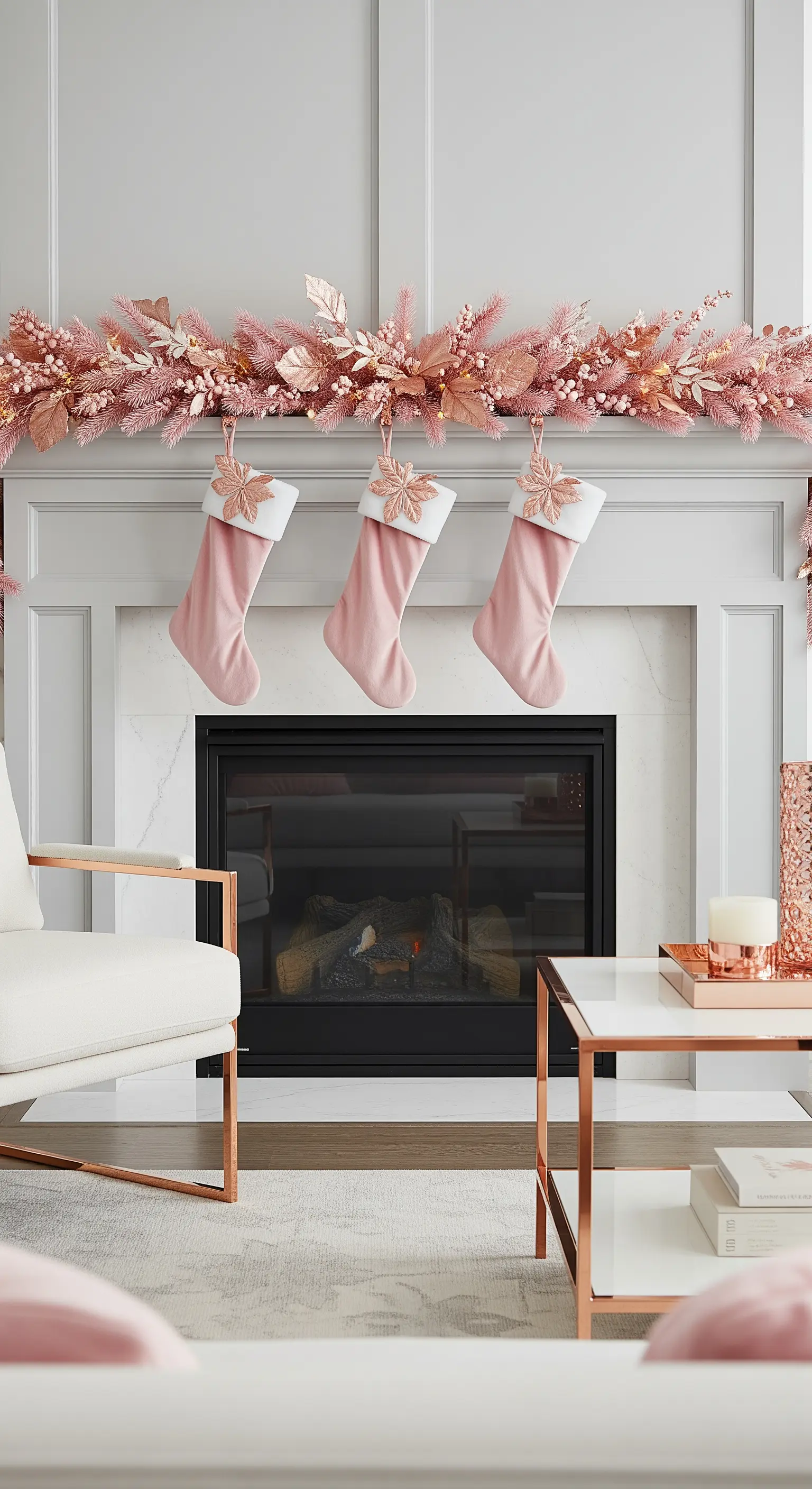 Weißer Kamin mit Roségold-Girlande, pinken Strümpfen und passenden Akzenten