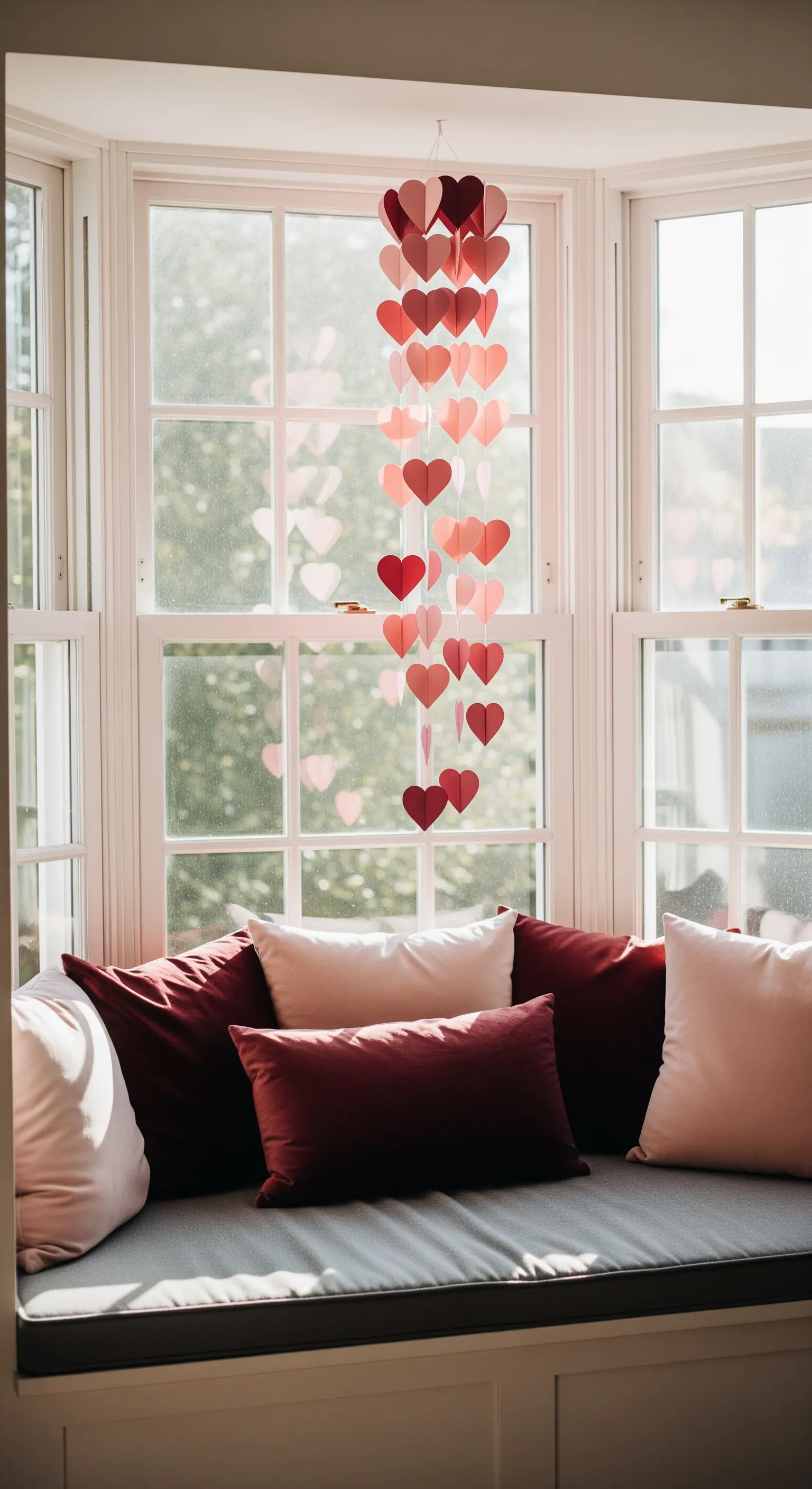 Eine Girlande aus Papierherzen hängt in einem sonnigen Erkerfenster.