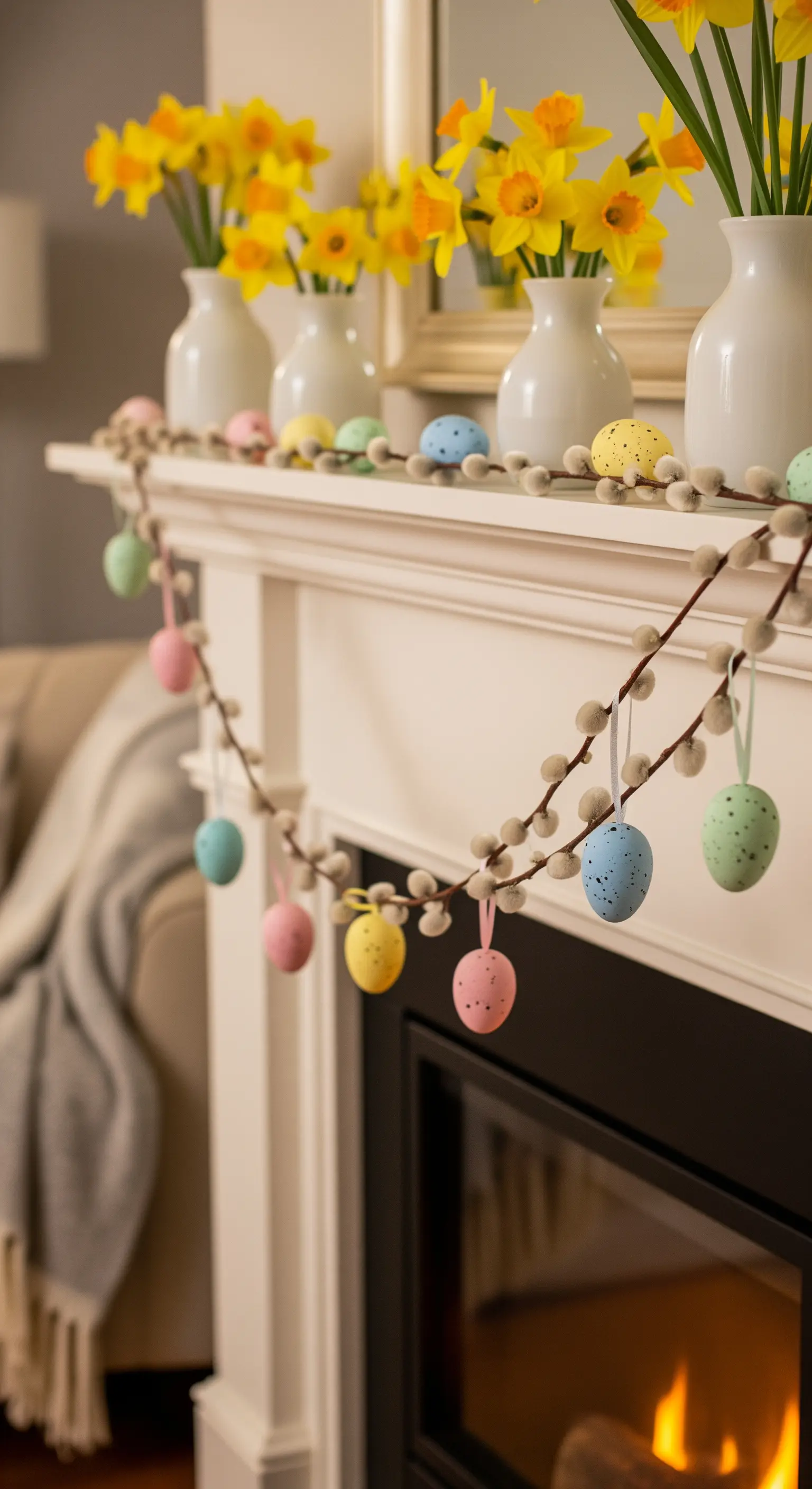 Osterdeko für den Kamin mit Weidenkätzchen-Girlande und pastellfarbenen Eiern.