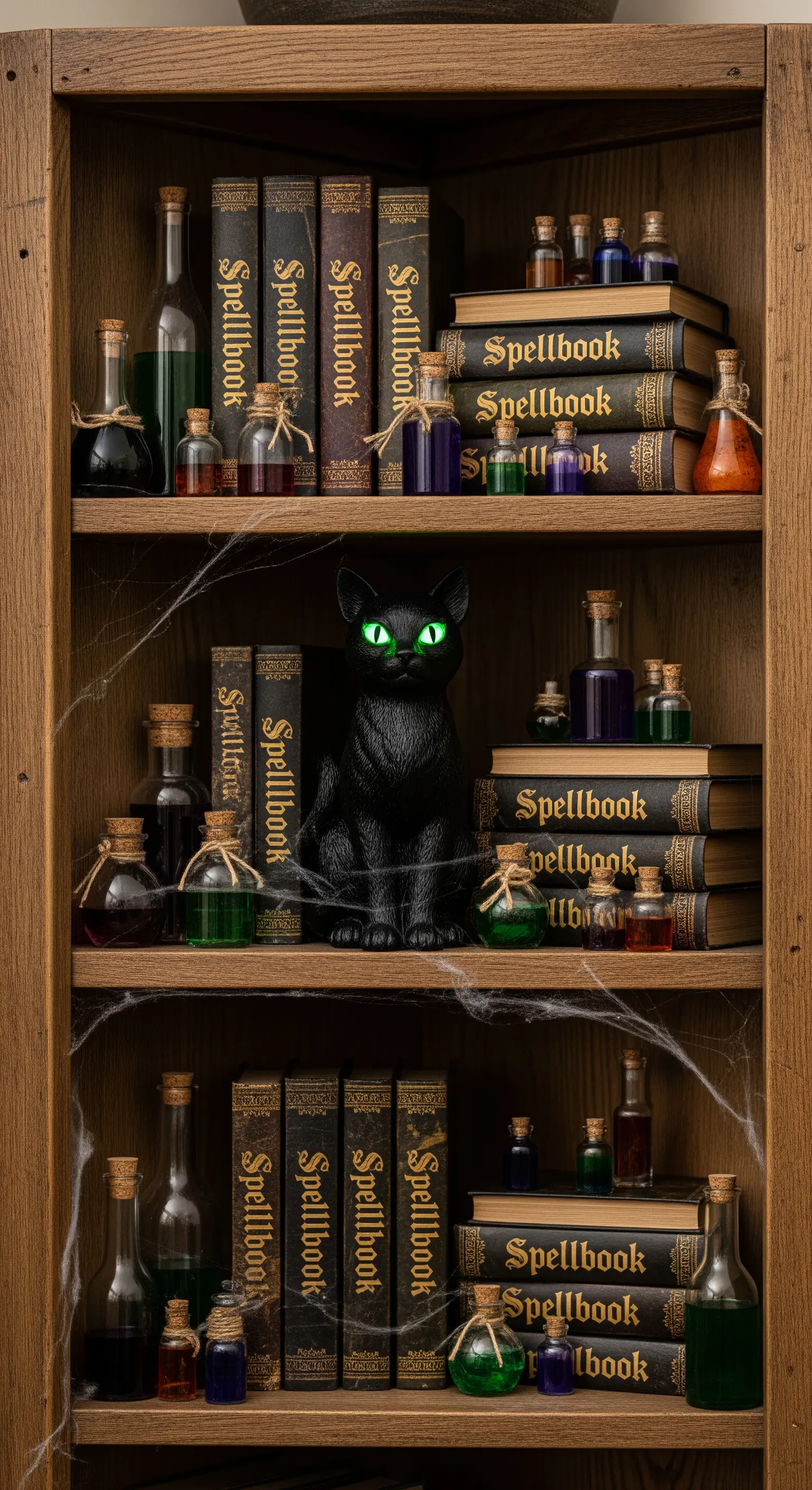 Halloween-Bücherregal mit Zauberbüchern, Trankflaschen und schwarzer Katze.