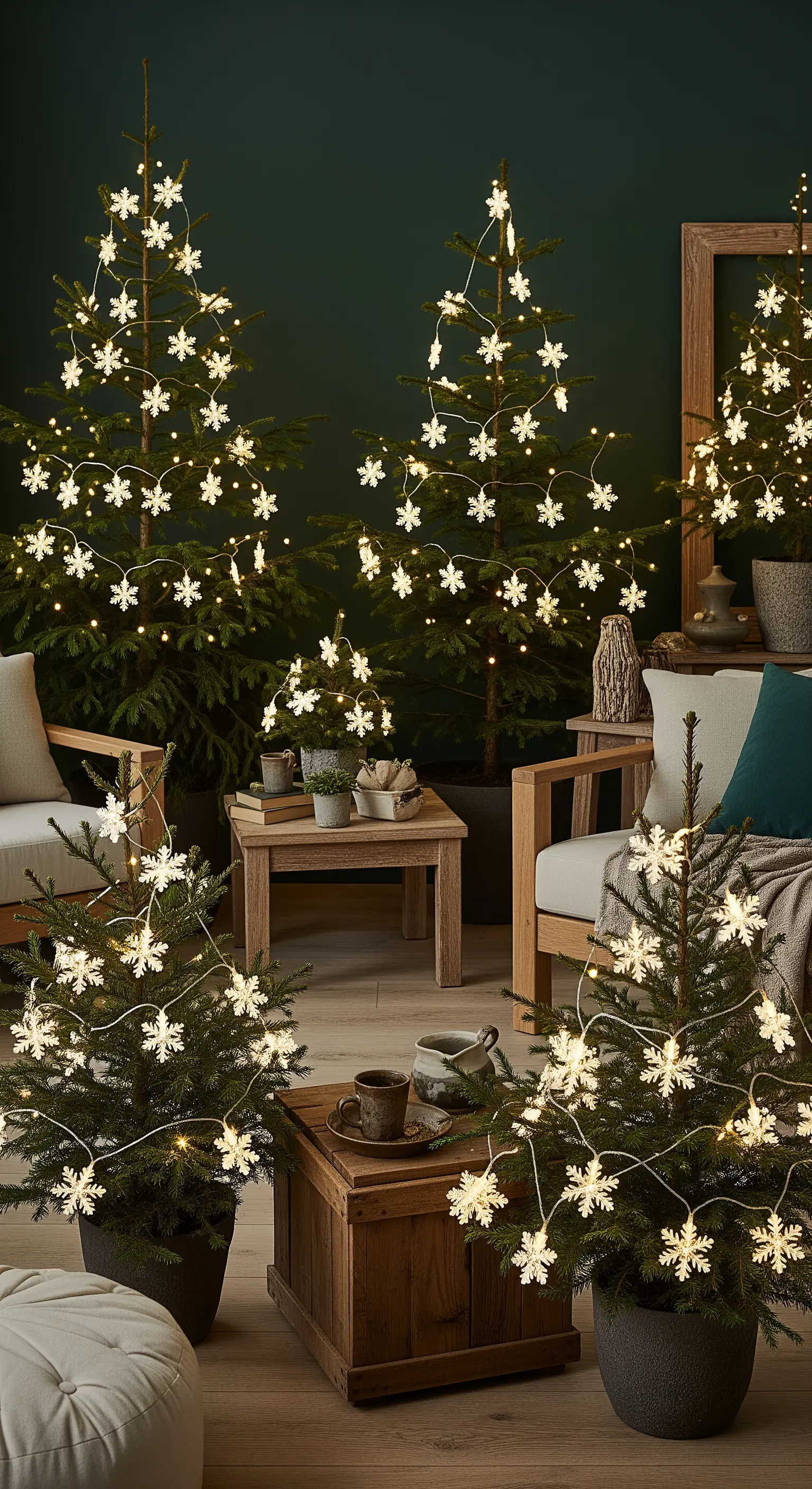 Gruppe von kleinen Tannenbäumen, die mit Schneeflocken-Lichterketten geschmückt sind