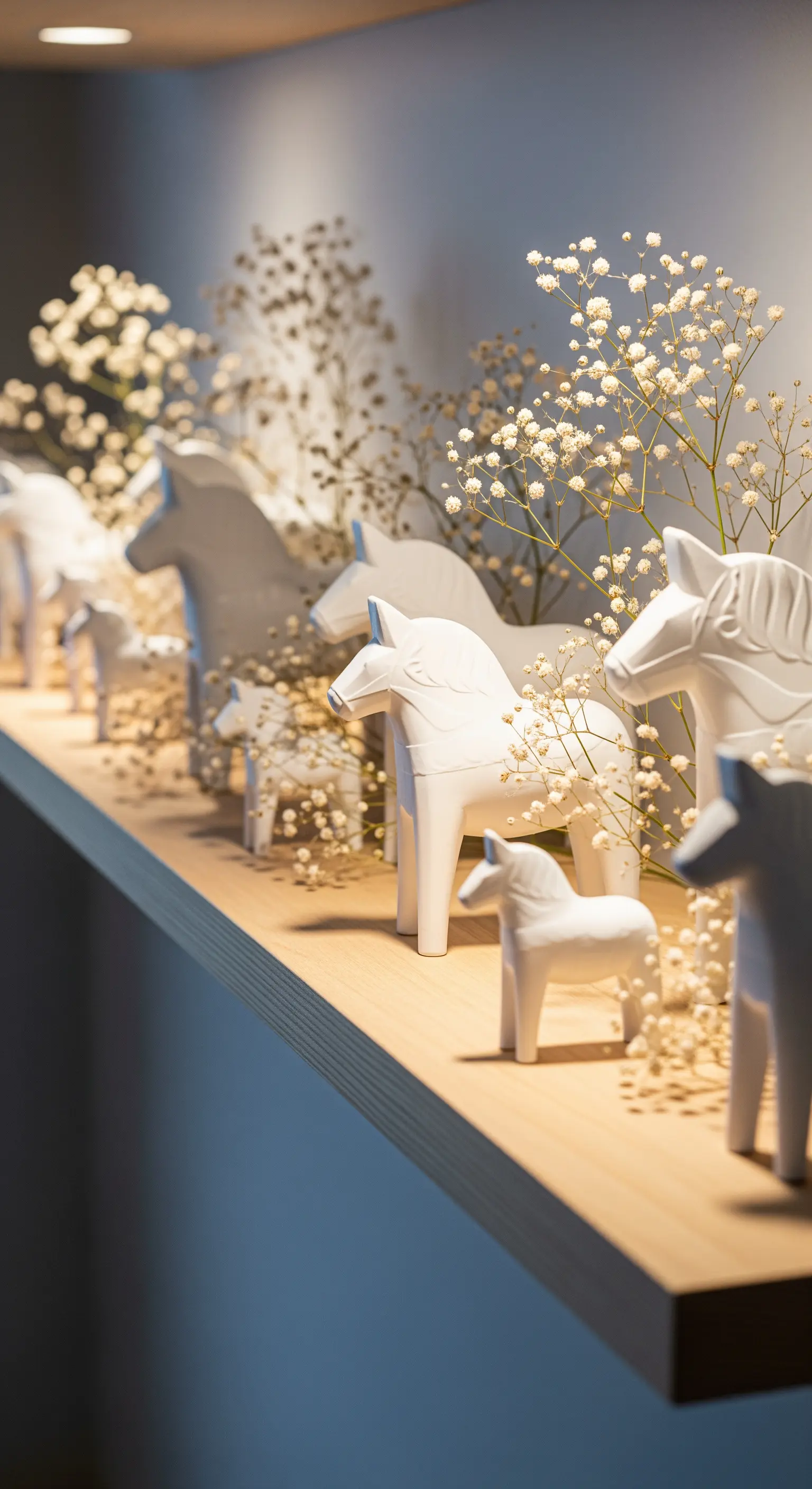 Regal mit weißen Dala-Pferden und Schleierkraut