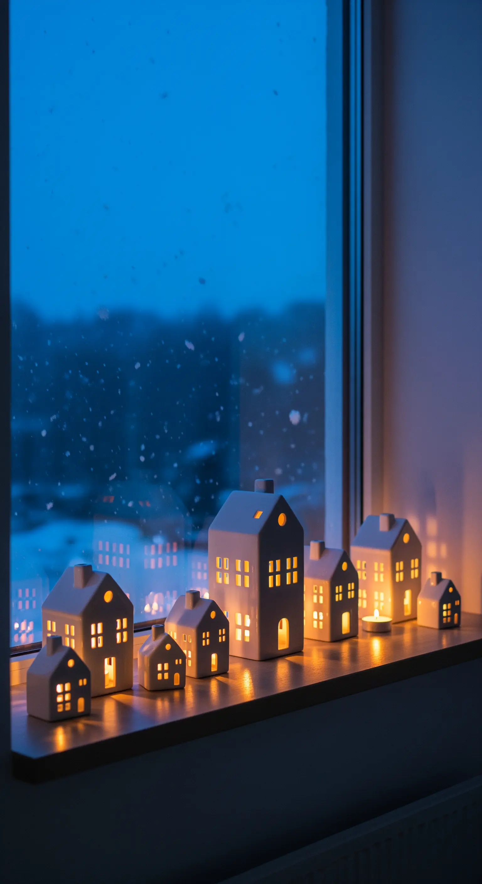 Fensterbank mit leuchtenden Keramikhäusern bei Dämmerung