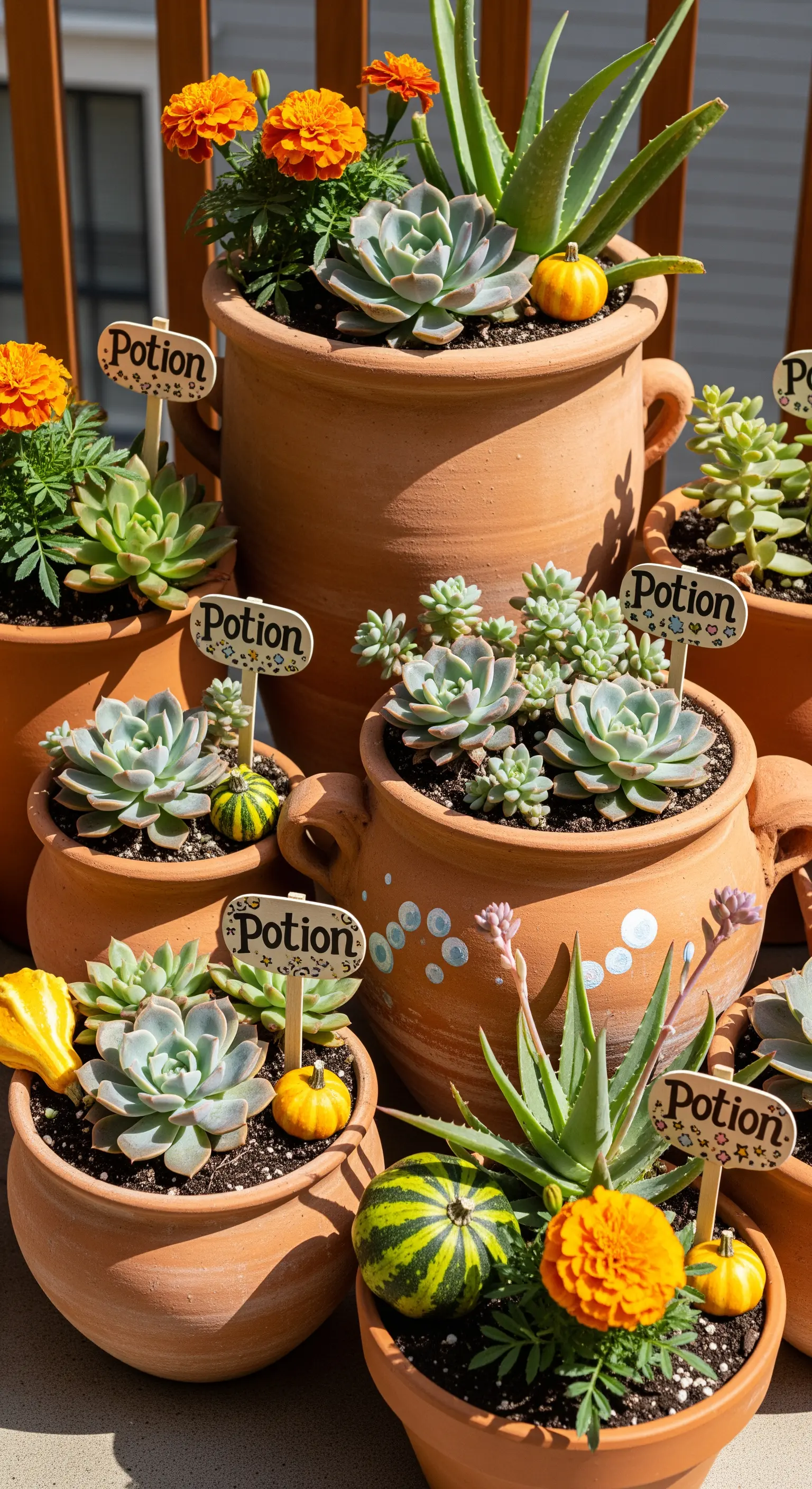 Sukkulenten in Terrakotta-Töpfen mit 'Potion'-Schildern und Mini-Kürbissen