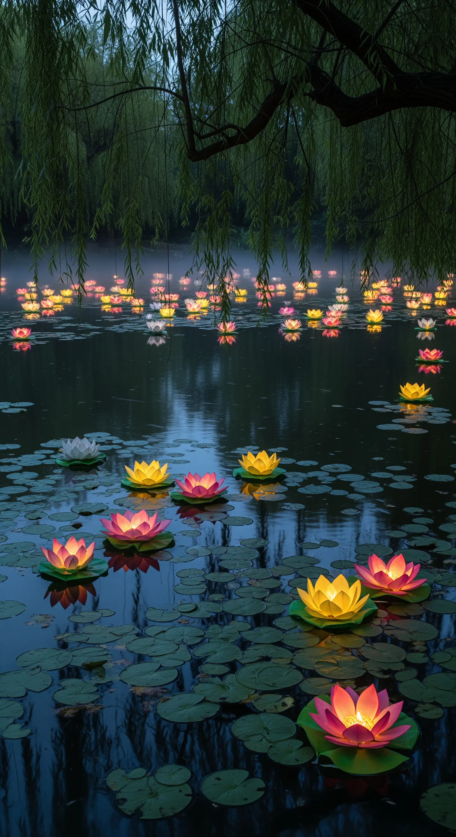 Gartenteich mit schwimmenden, leuchtenden Seerosen-Laternen unter einem Weidenbaum.