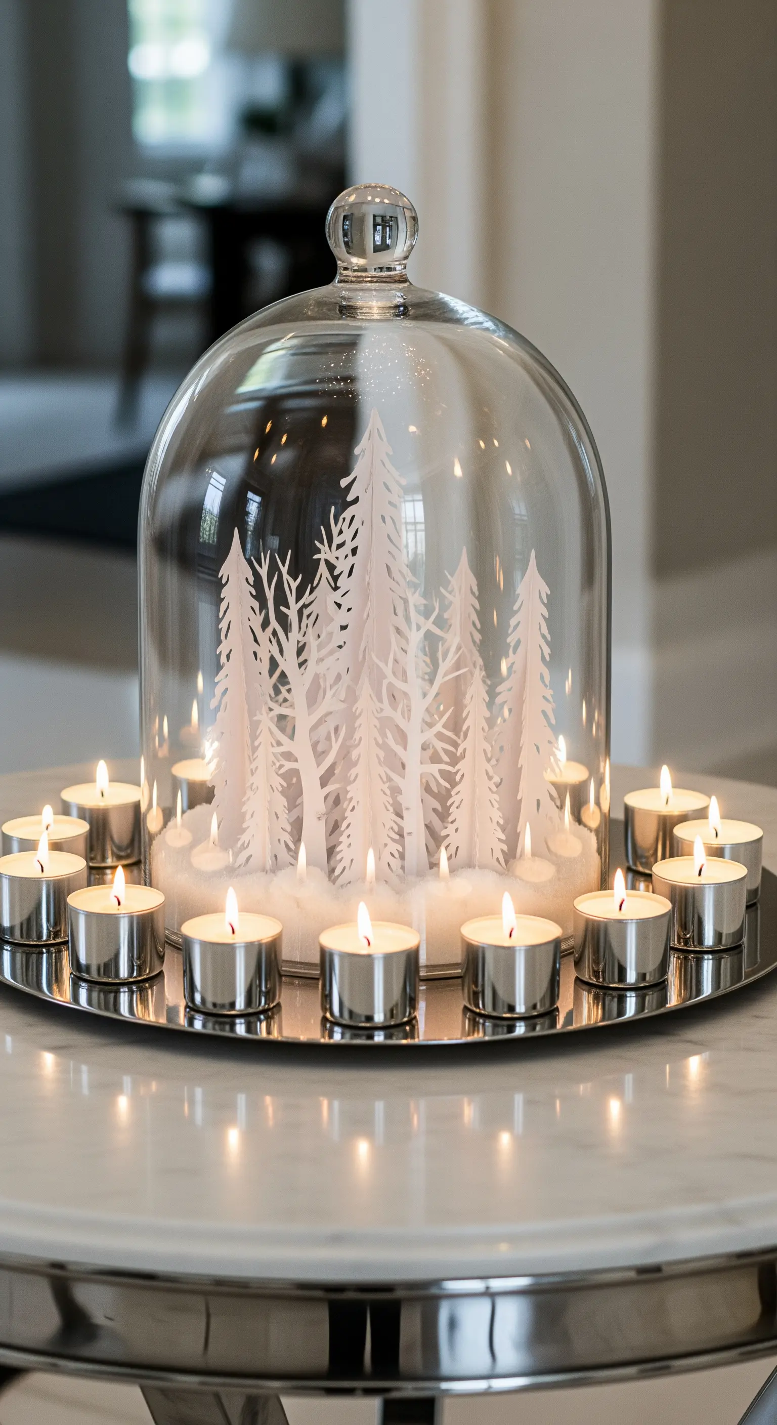 Glasglocke mit Papierbäumen und Teelichtern auf Silbertablett.