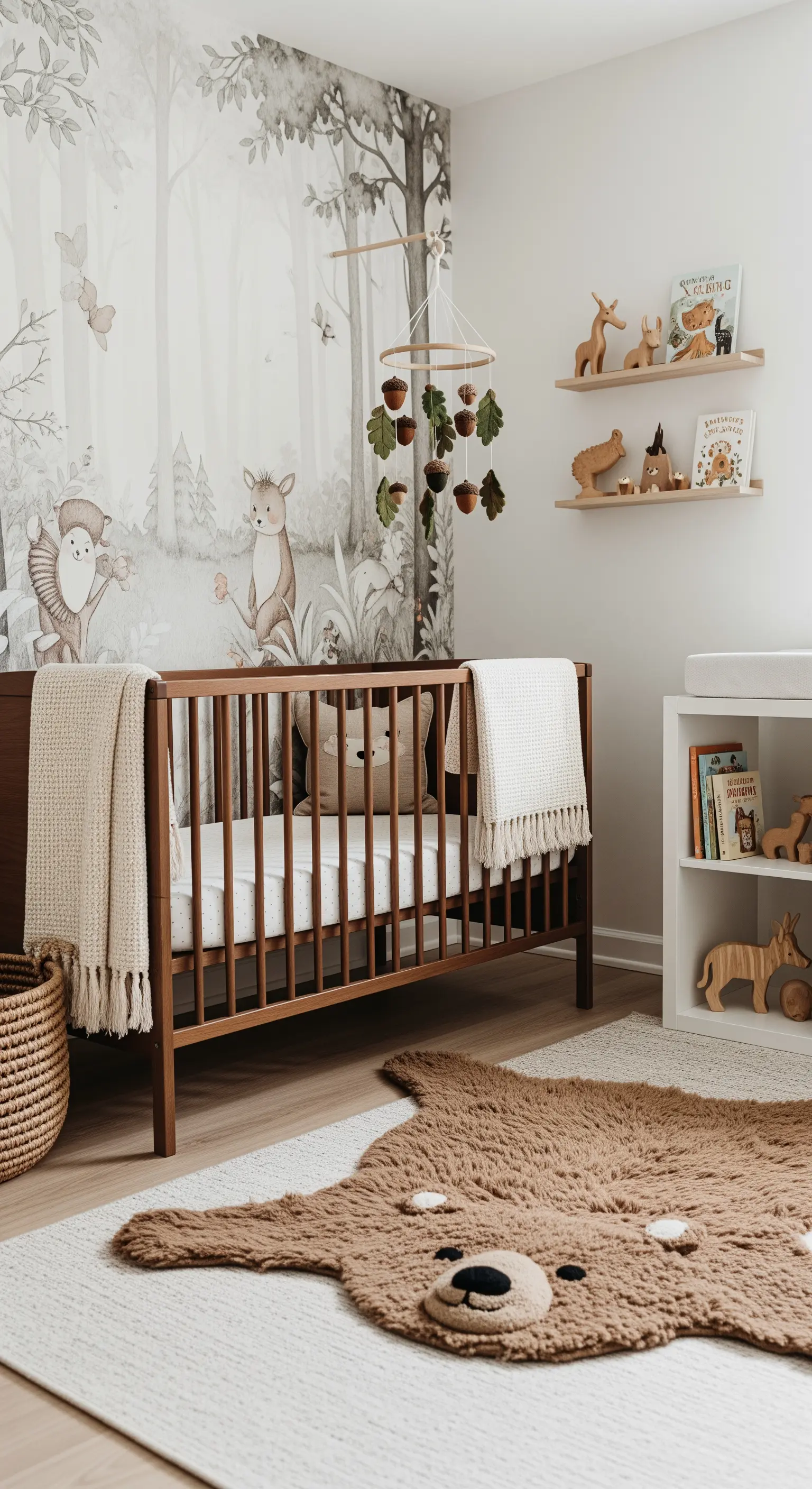 Kinderzimmer mit Waldtier-Tapete, einem Mobile und einem Teppich in Bärenform.