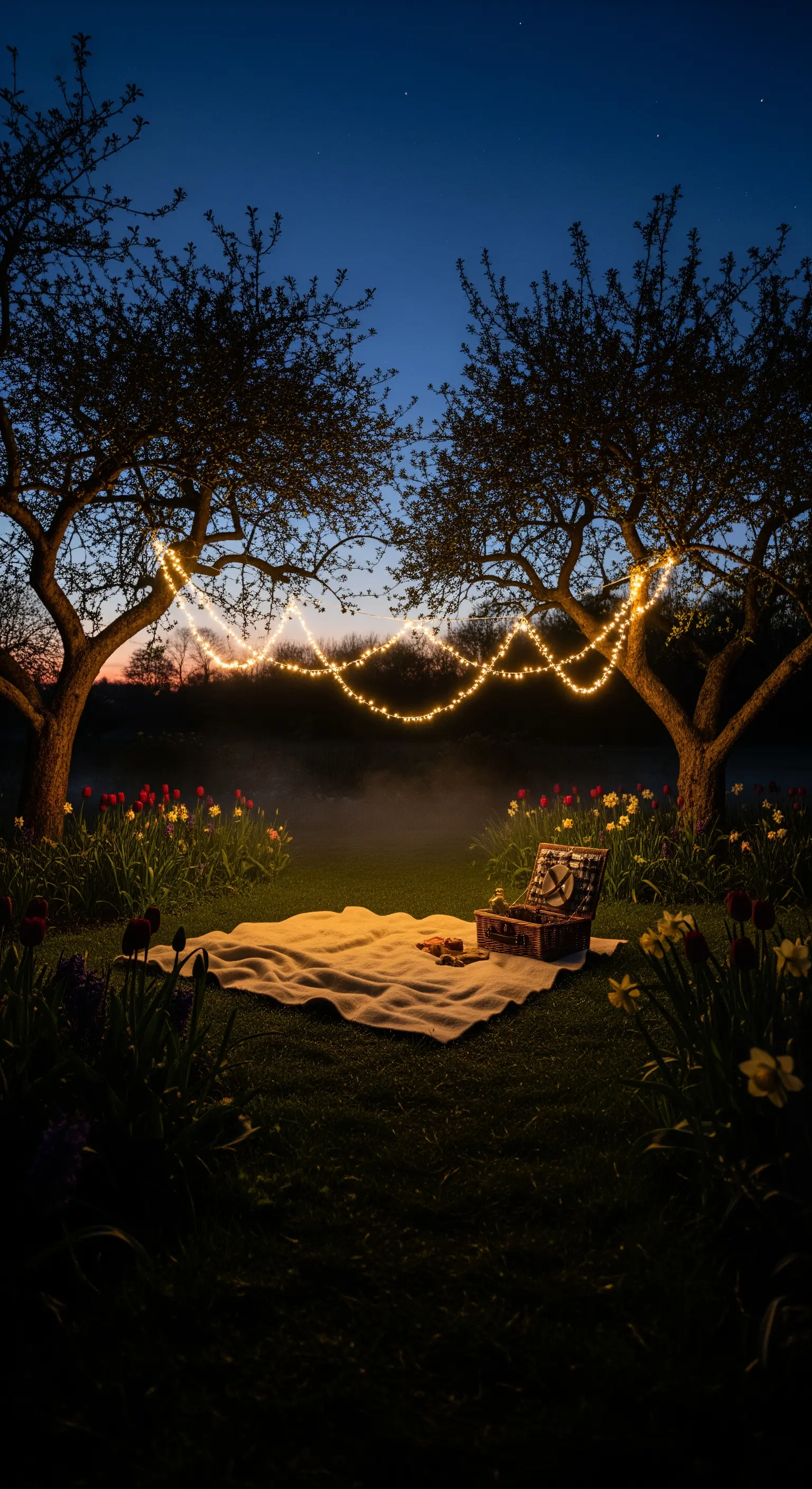 Abendliches Picknick mit Lichterketten zwischen Bäumen in einem nebligen Garten