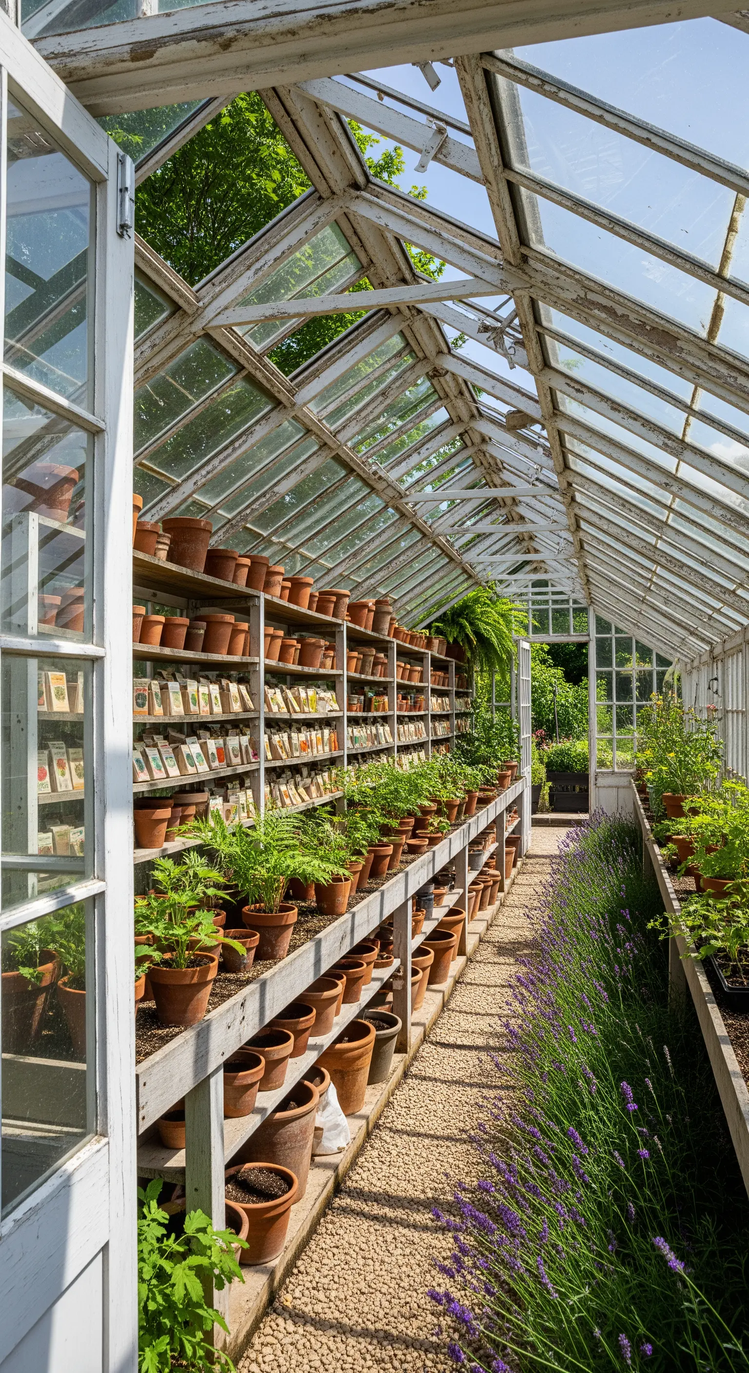 Vintage-Gewächshaus mit Holzregalen voller Terrakottatöpfe und einem Lavendelweg.