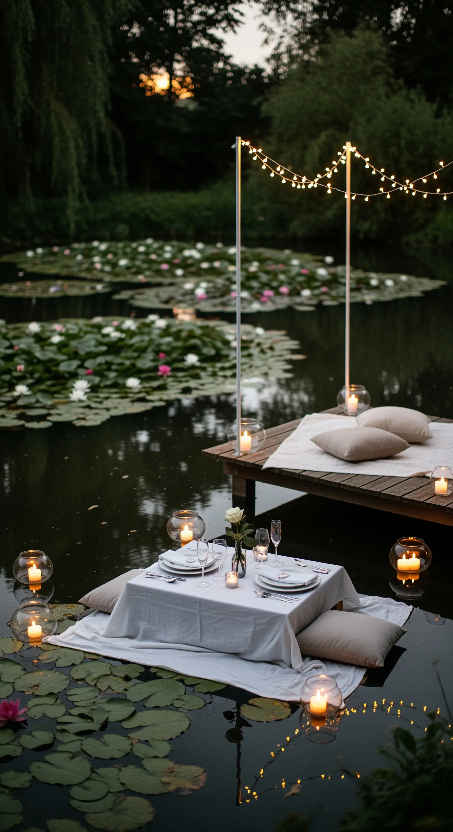 Romantisches Dinner auf einem Holzsteg über Seerosen mit Lichterketten und Kerzen