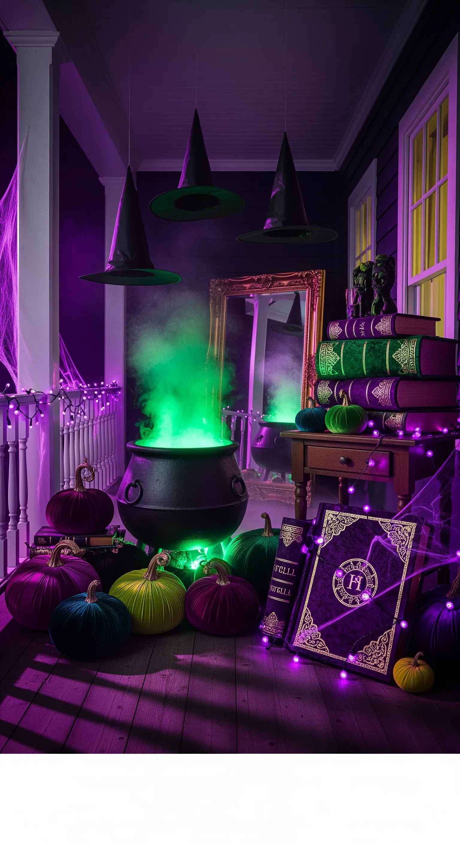 Veranda mit brodelndem Zauberkessel, schwebenden Hexenhüten, bunten Kürbissen und lila Licht.