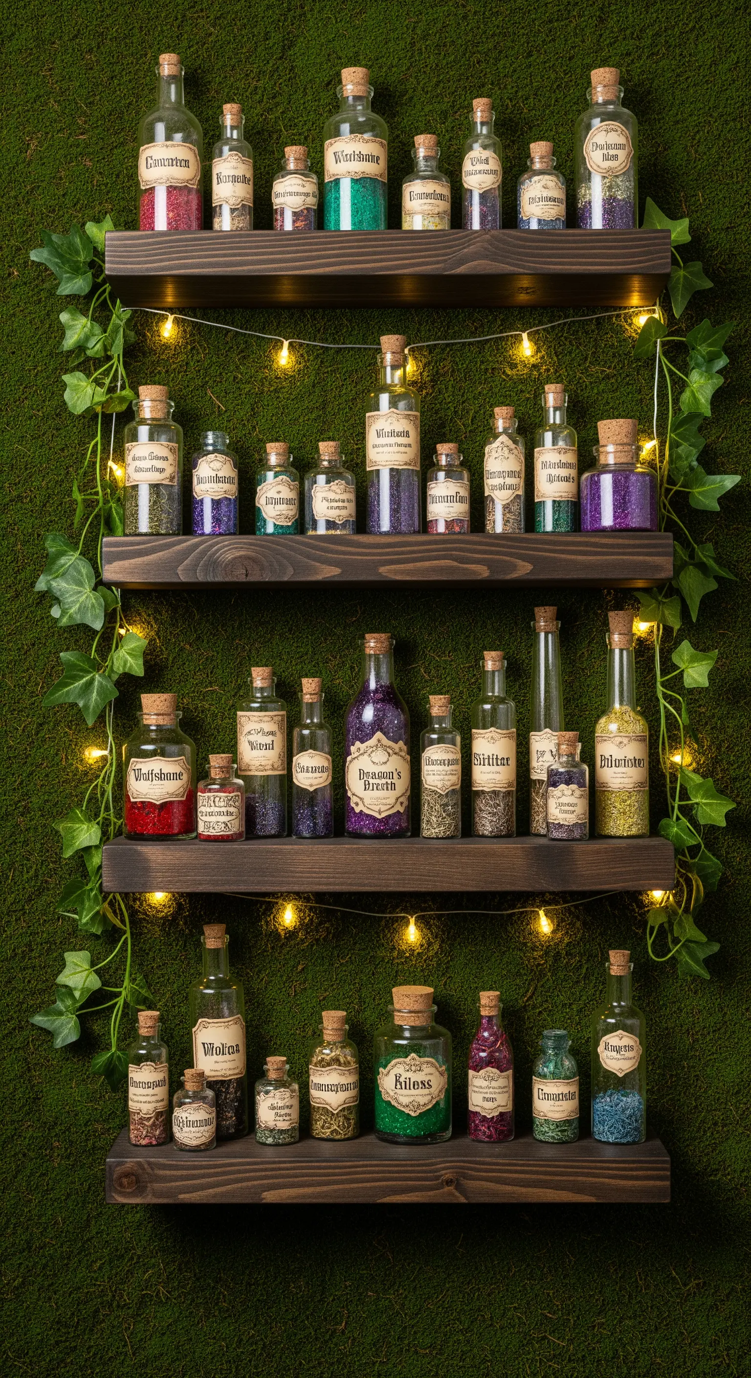 Holzregale vor einer Mooswand, gefüllt mit bunten, etikettierten Zaubertrankflaschen.