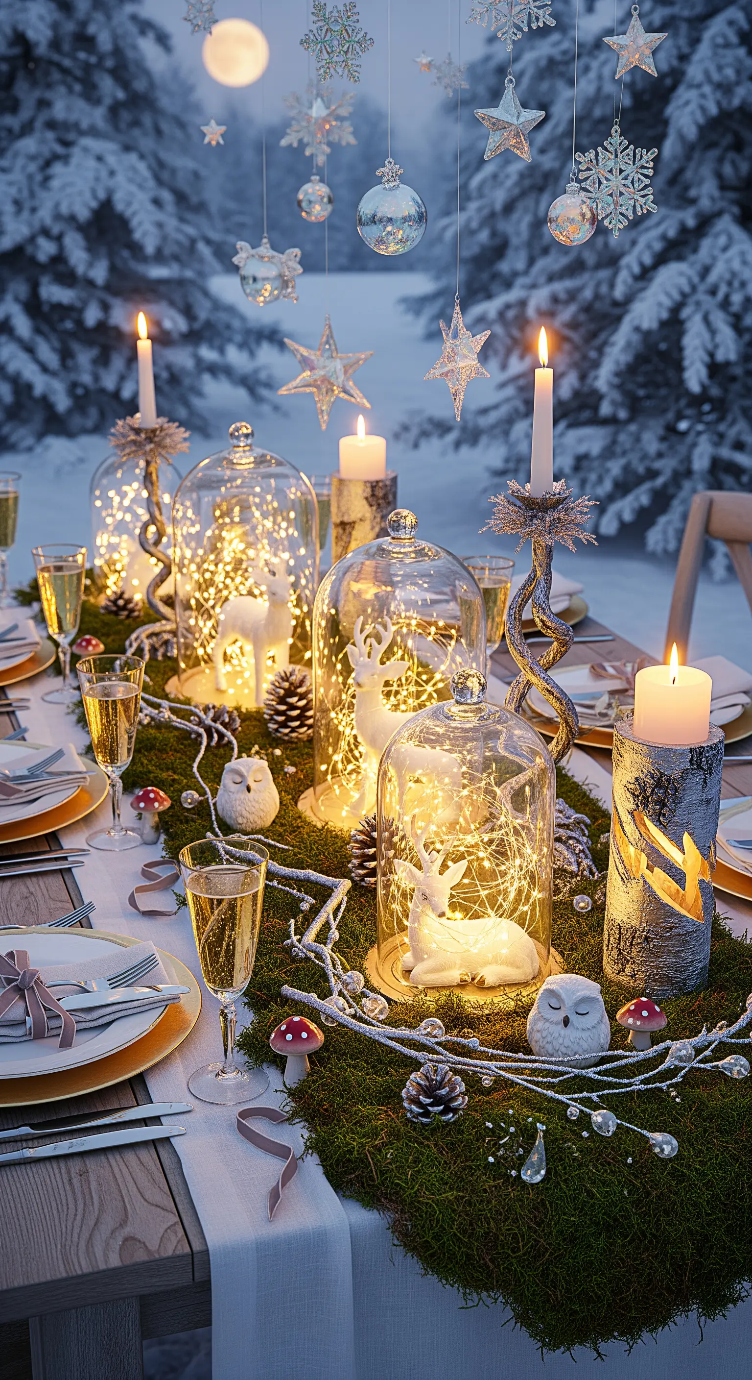 Winterwald-Tisch mit Moos, Rehen in Lichterglocken, hängenden Schneeflocken und Kerzen.
