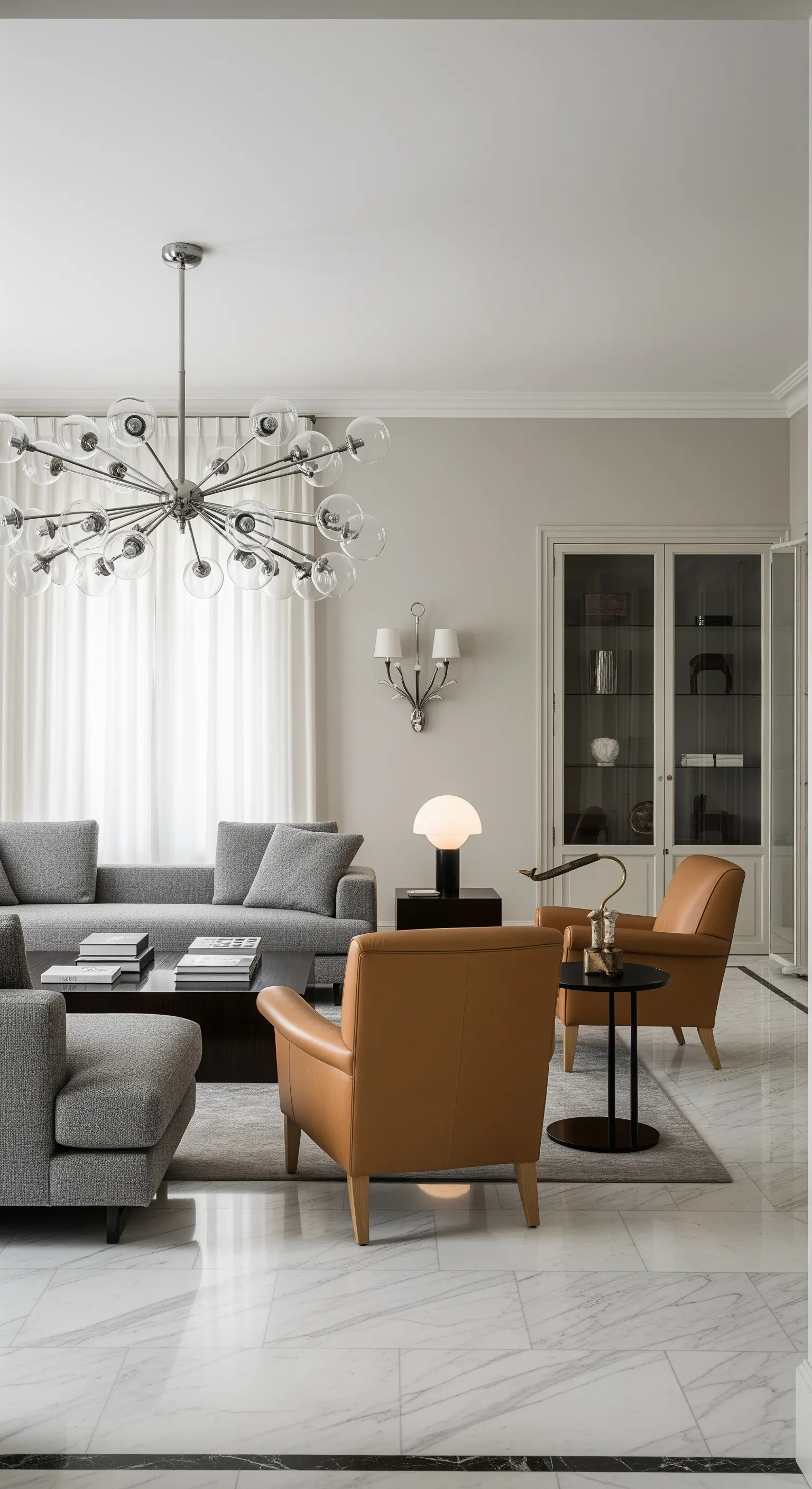 Moderner, molekularer Kronleuchter mit Glaskugeln in einem eleganten, grau-weißen Wohnzimmer.