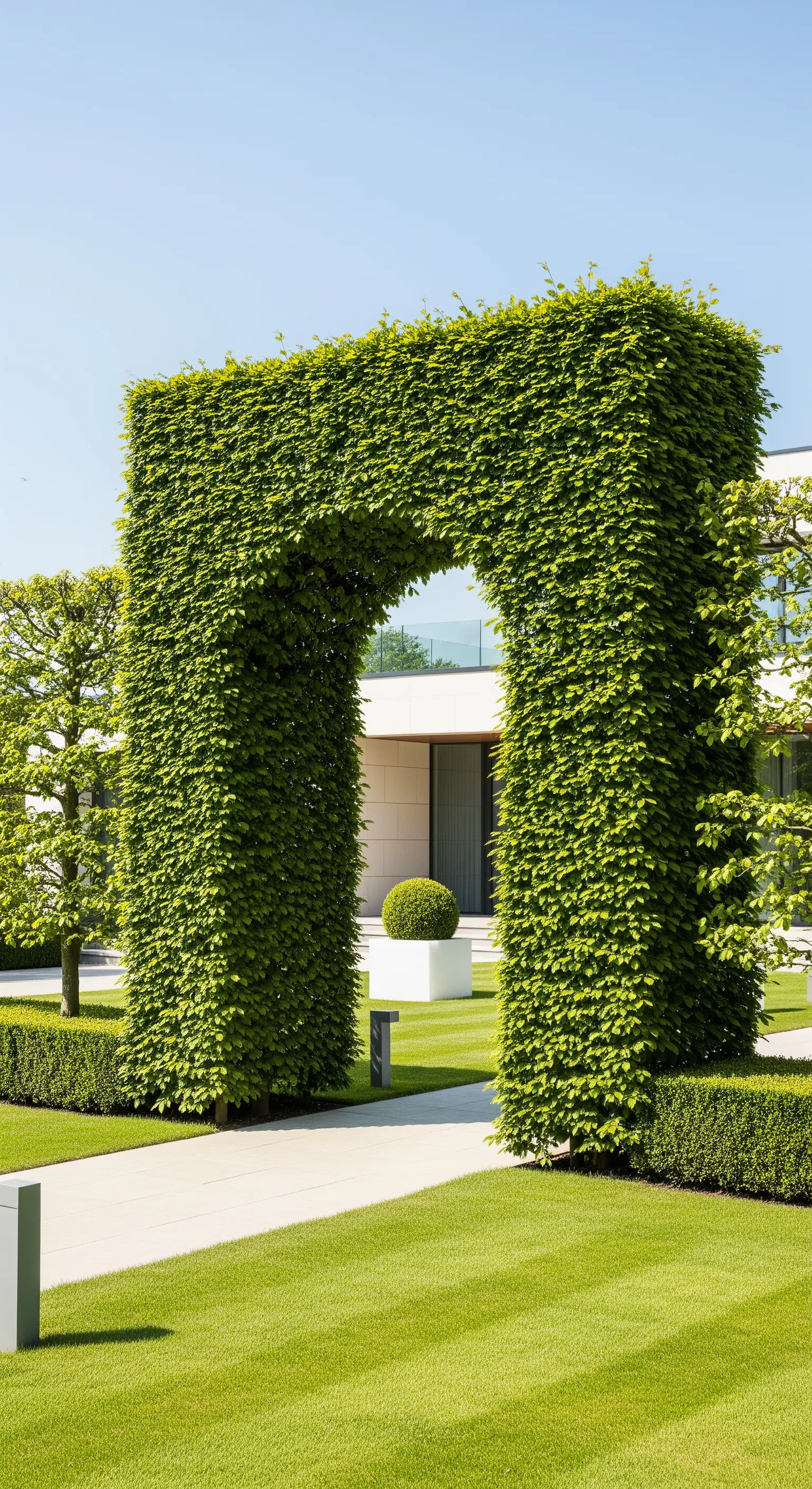 Heckenbogen, minimalistischer Garten, moderne Landschaftsgestaltung