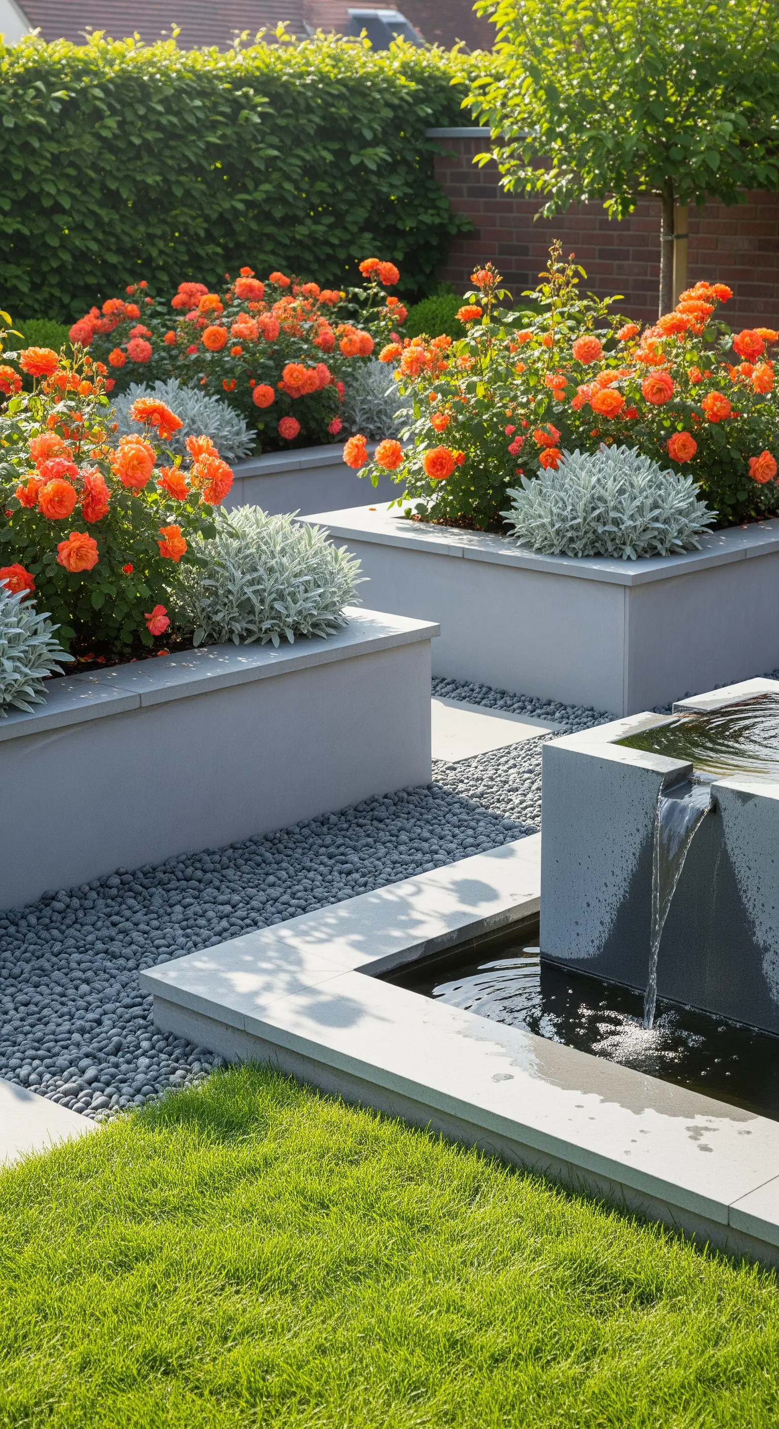 Terrassiertes Betonhochbeet, Orangerosen, Silberraute, Wasserspiel.