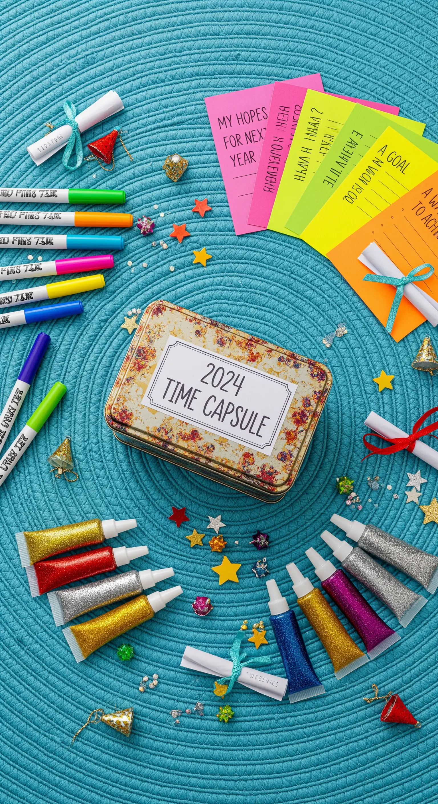 2024 Zeitkapsel-Box mit Glitzerstiften und Wunschkarten auf blauem Untergrund.