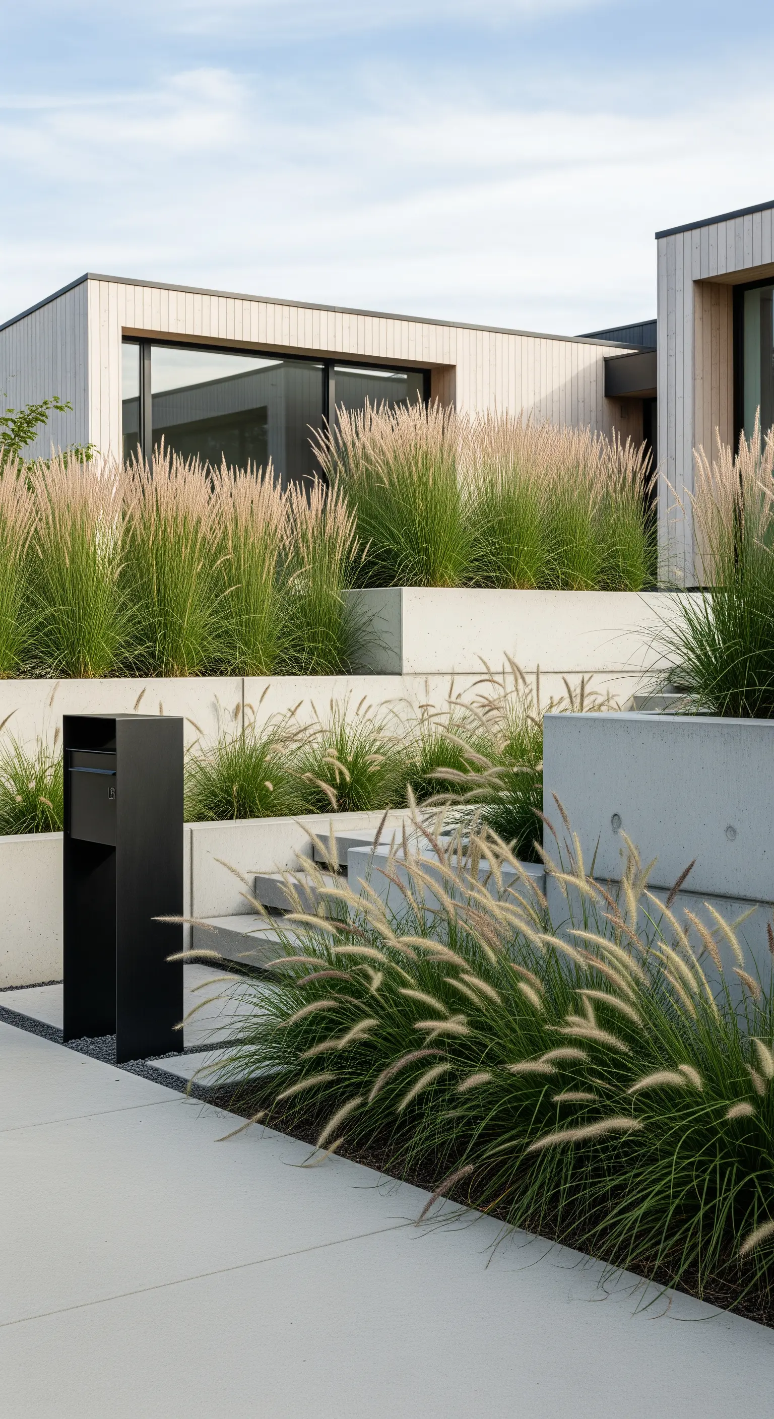 Vorgarten mit gestuften Betonbeeten, Federborstengras und schwarzem Briefkasten
