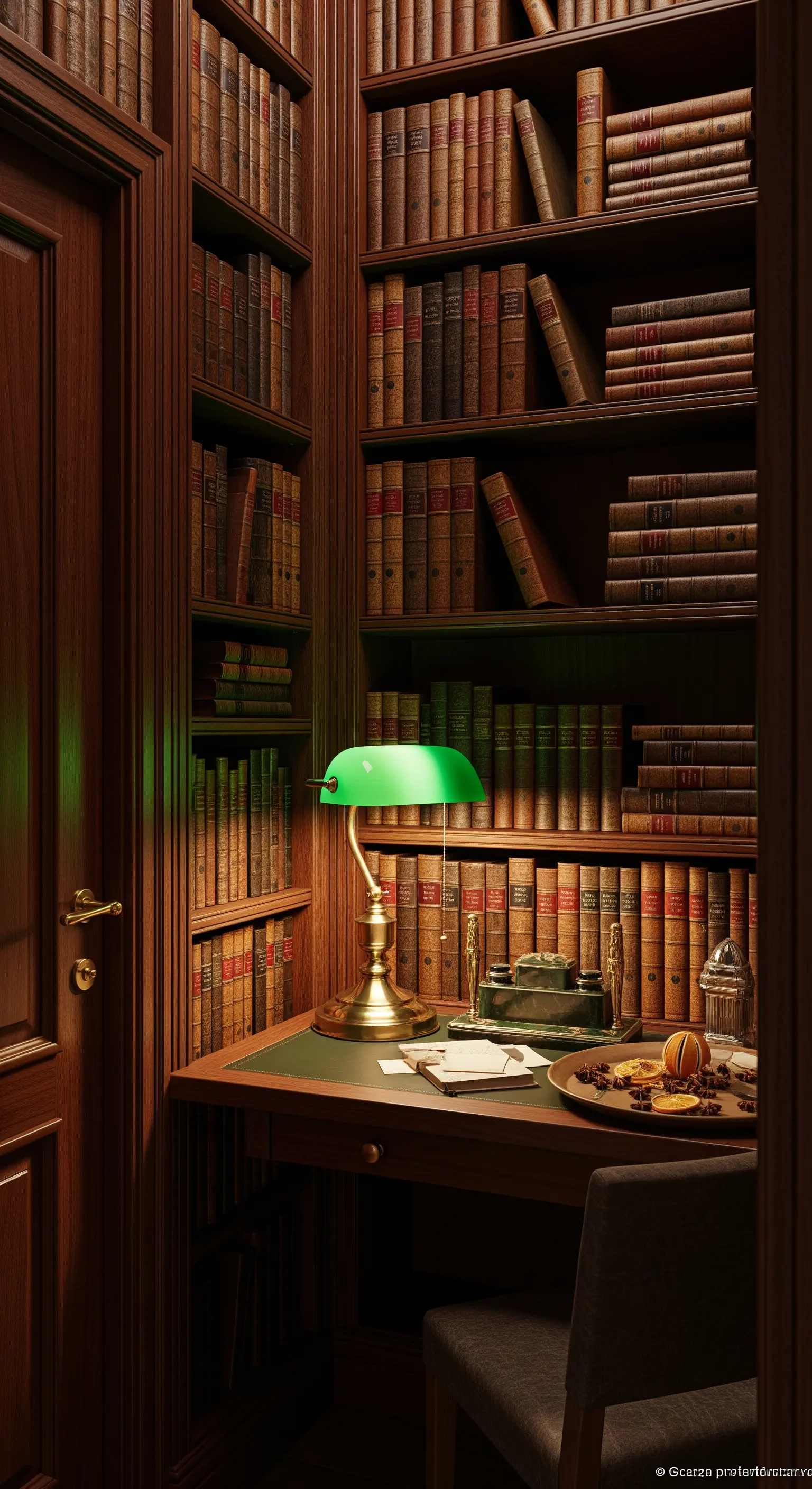 Klassische Bibliotheksecke mit Holzregalen, grünem Schreibtisch und Bankerlampe