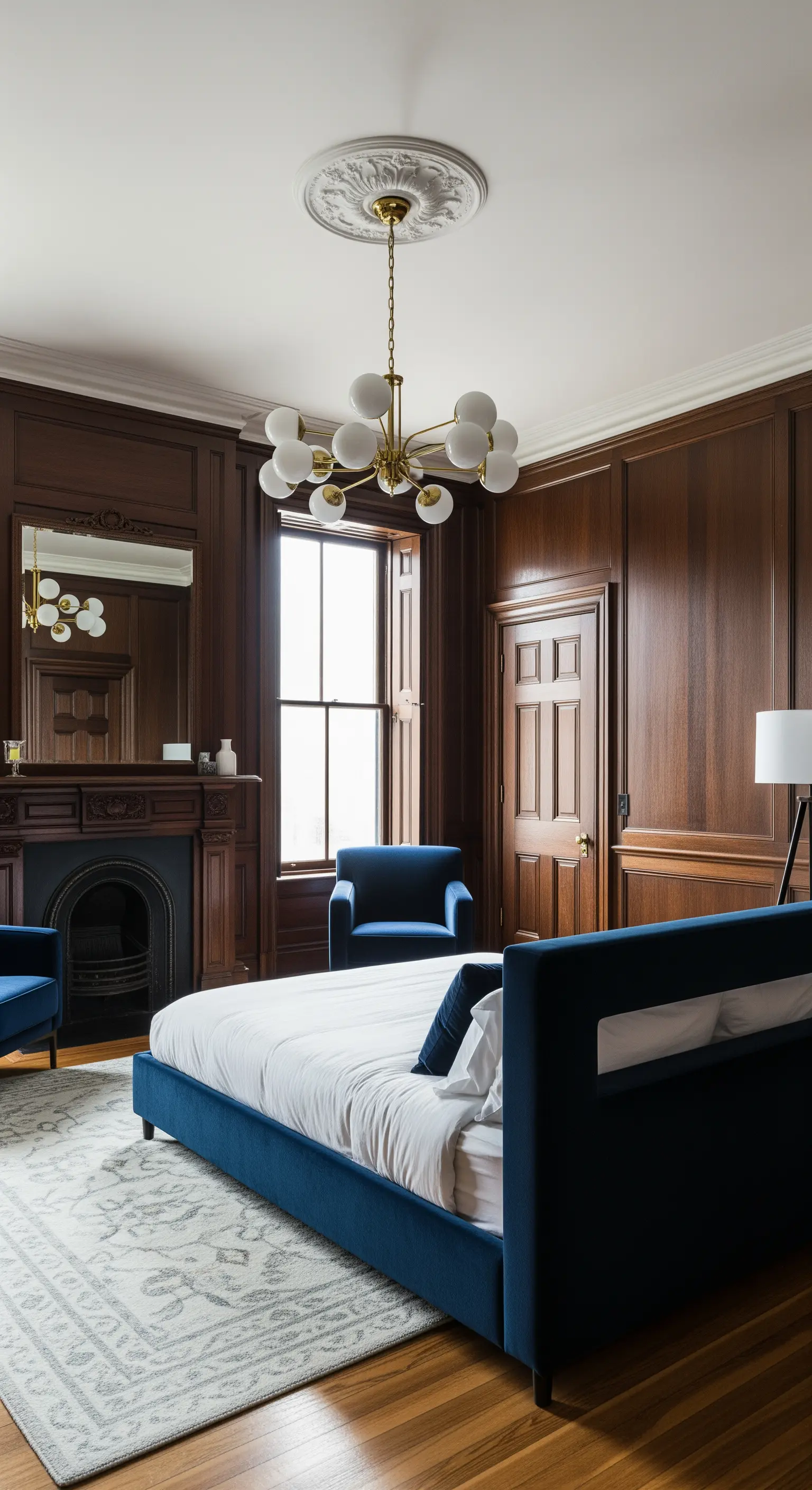 Marineblaues Samtbett vor einer dunklen Holzvertäfelung in einem klassischen Zimmer.