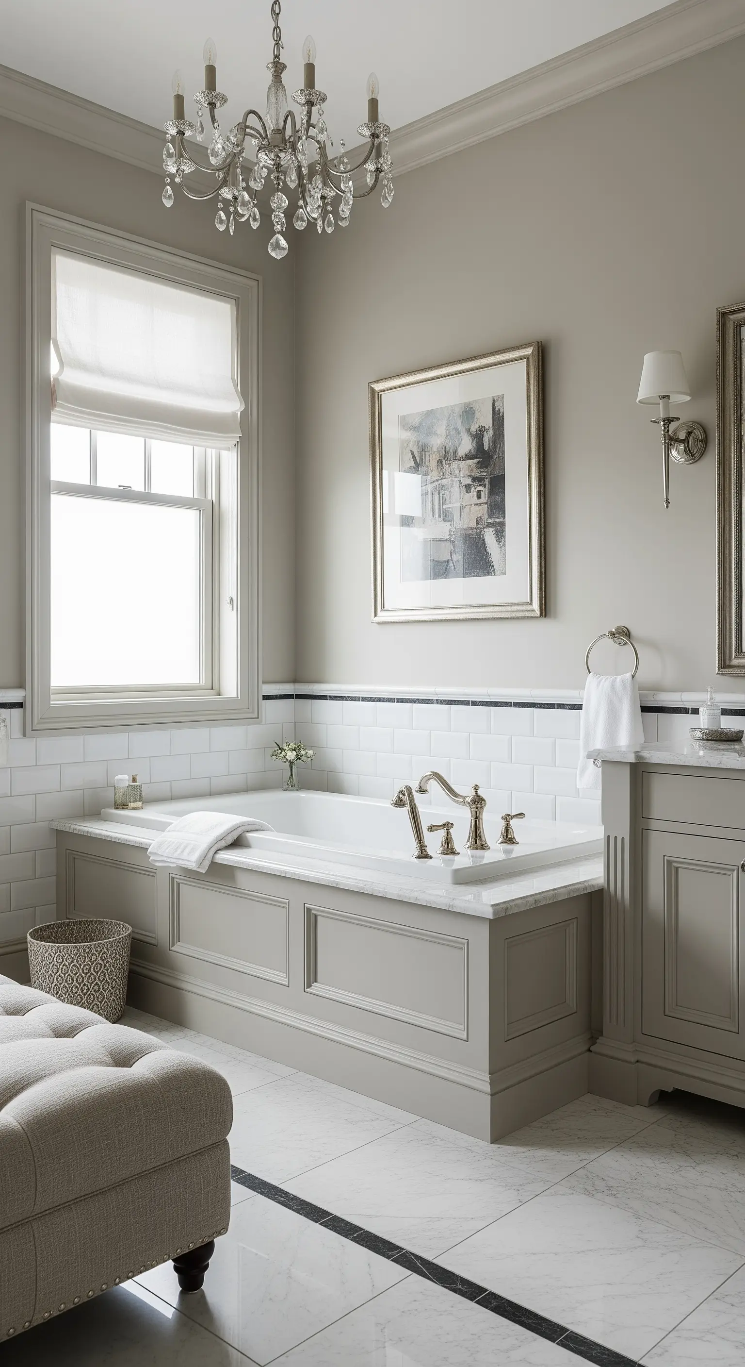 Klassische Badewanne in einem greige-farbenen Podest mit Profilleisten und Marmorplatte